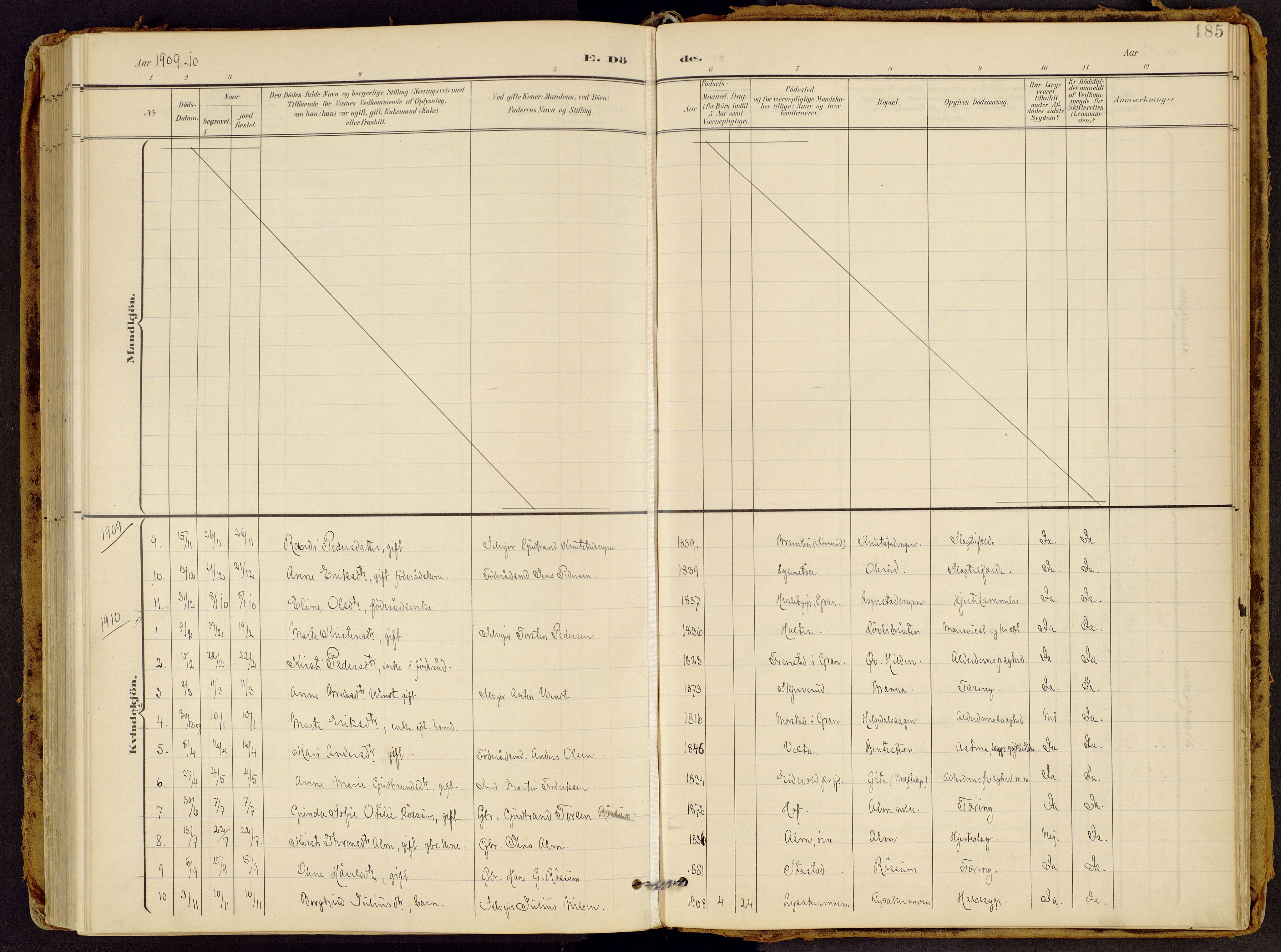 Brandbu prestekontor, AV/SAH-PREST-114/H/Ha/Haa/L0002: Parish register (official) no. 2, 1899-1914, p. 185