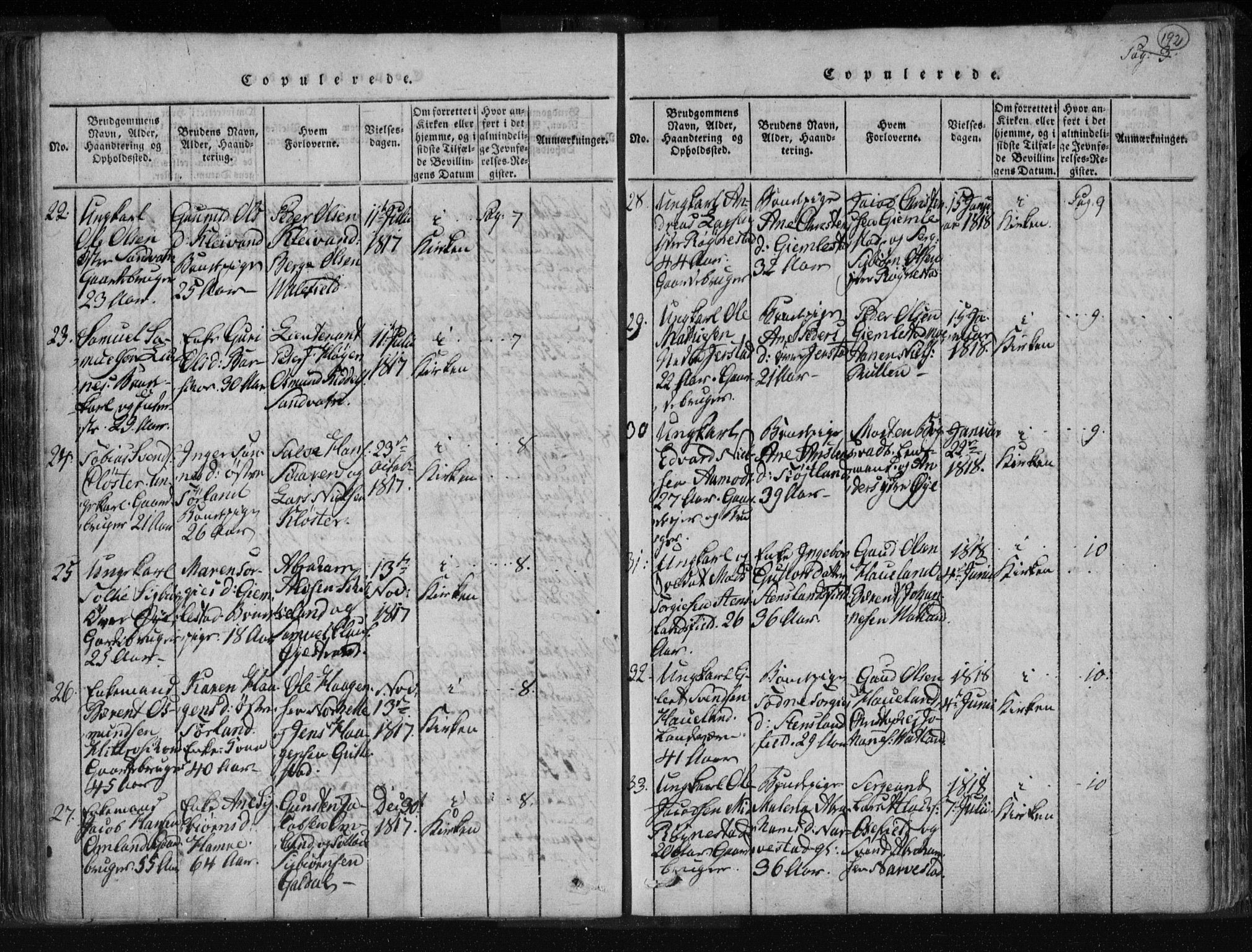 Kvinesdal sokneprestkontor, AV/SAK-1111-0026/F/Fa/Fab/L0003: Parish register (official) no. A 3, 1815-1829, p. 192