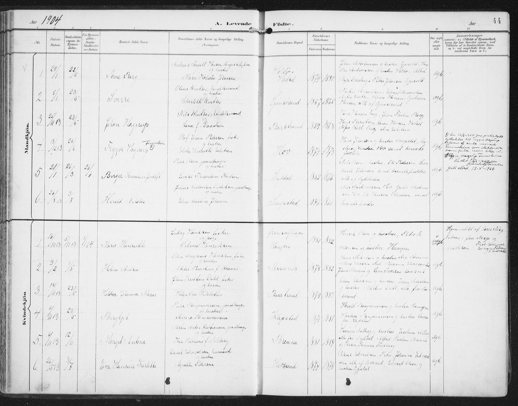 Ministerialprotokoller, klokkerbøker og fødselsregistre - Nordland, SAT/A-1459/876/L1098: Parish register (official) no. 876A04, 1896-1915, p. 44