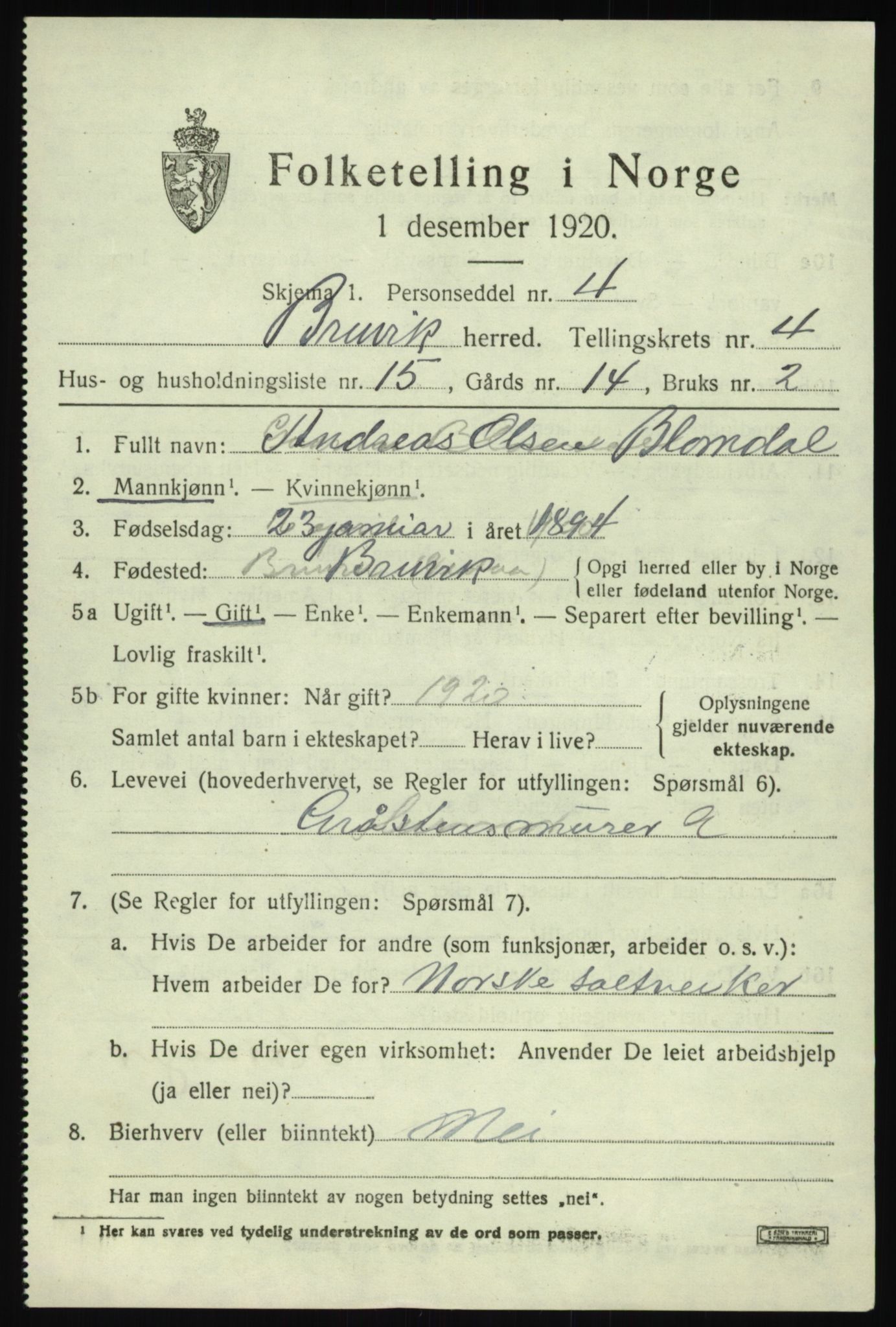 SAB, 1920 census for Bruvik, 1920, p. 2626