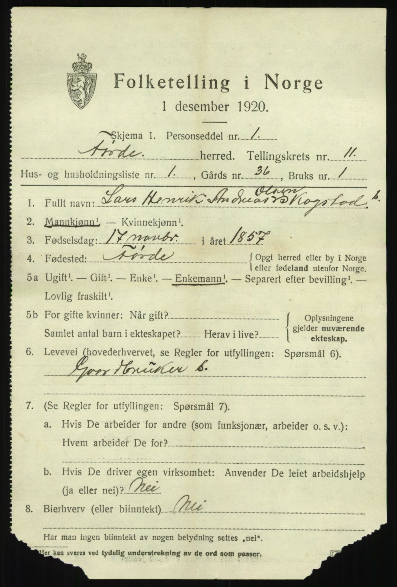 SAB, 1920 census for Førde, 1920, p. 3934