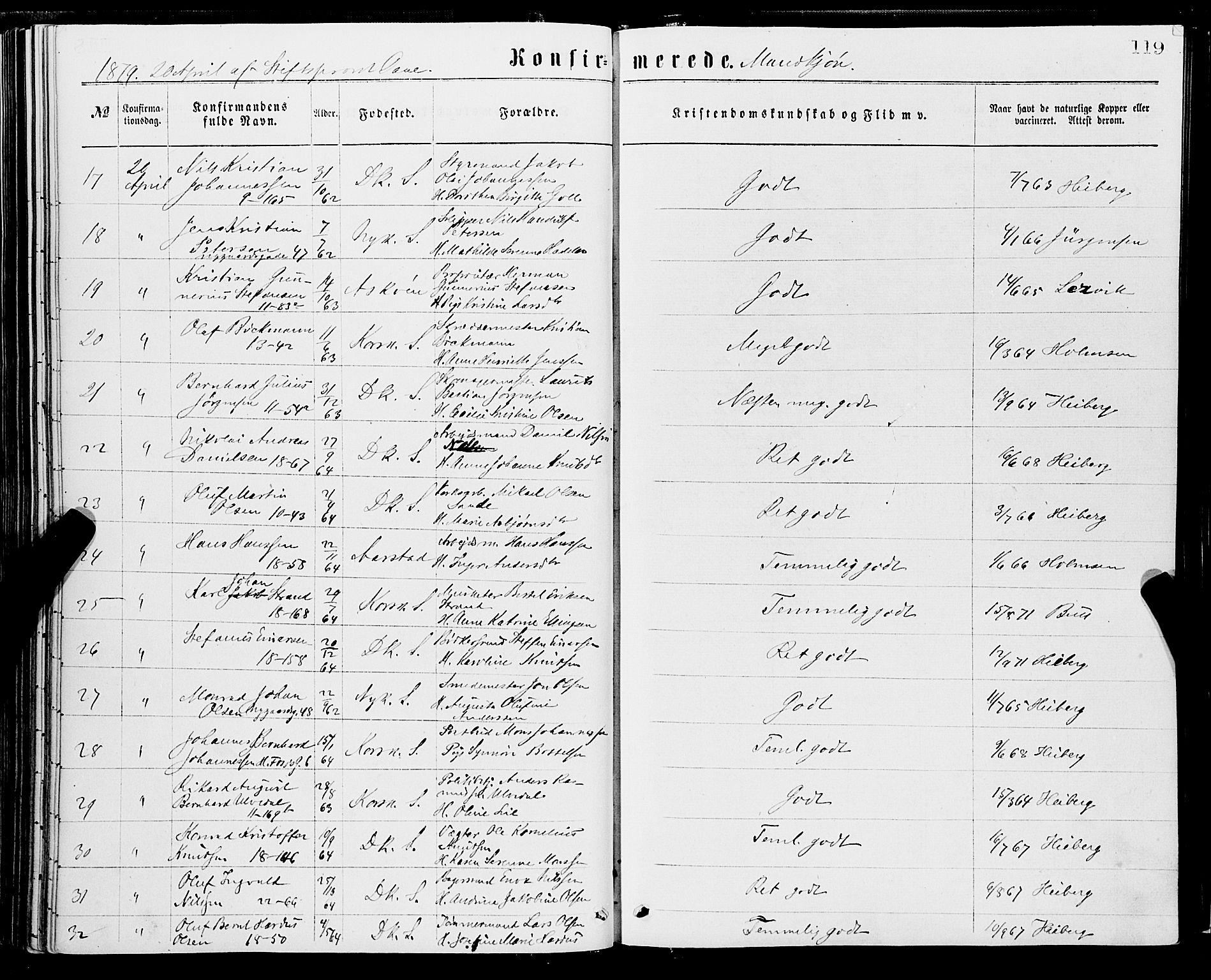 Domkirken sokneprestembete, AV/SAB-A-74801/H/Haa/L0029: Parish register (official) no. C 4, 1864-1879, p. 119