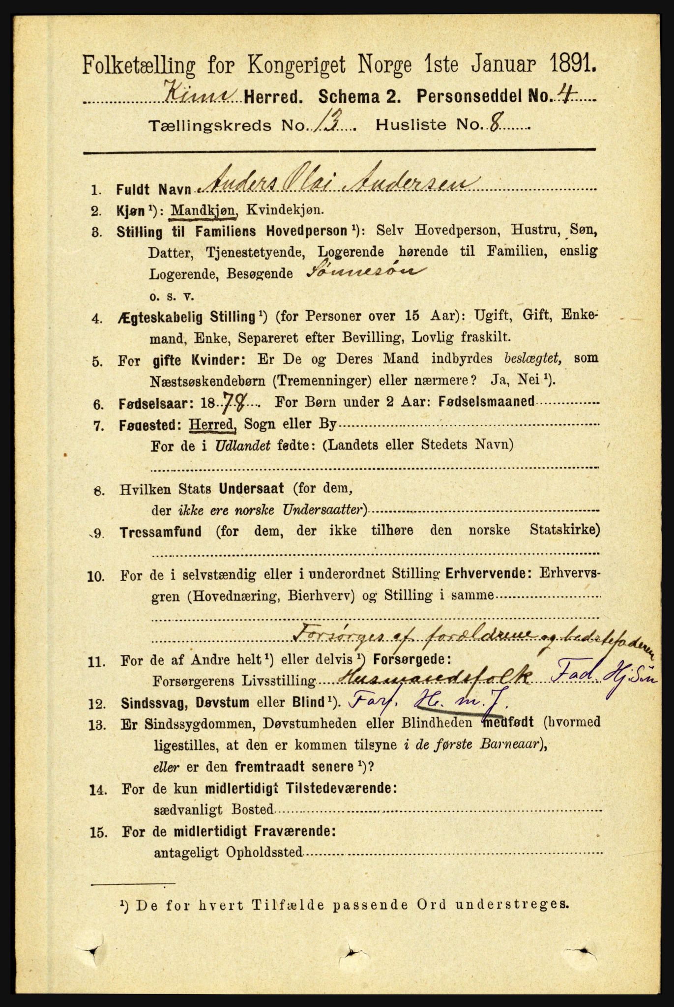 RA, 1891 census for 1437 Kinn, 1891, p. 5107
