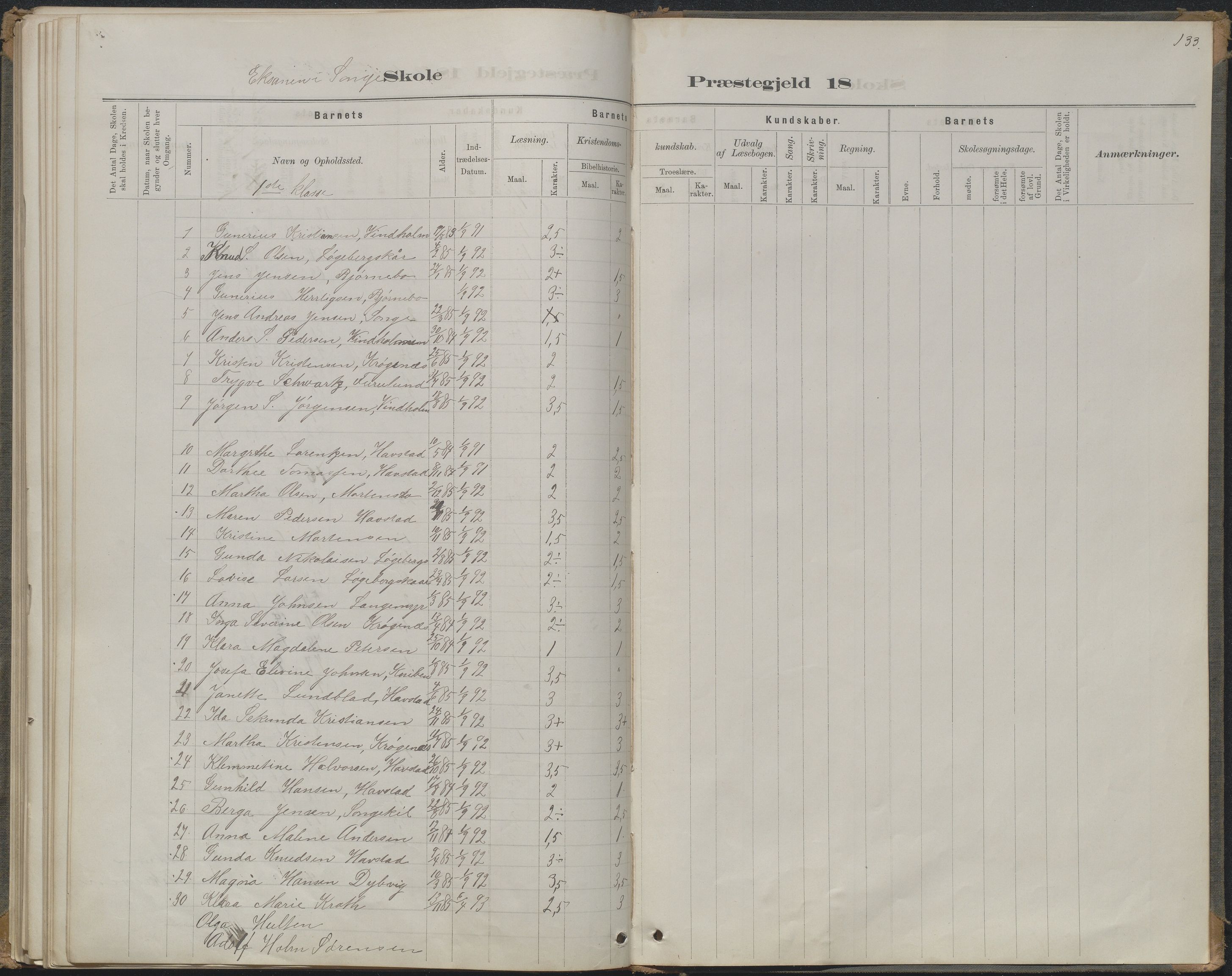 Arendal kommune, Katalog I, AAKS/KA0906-PK-I/07/L0368: Karakterprotokol lærerens skole, 1880-1893, p. 130