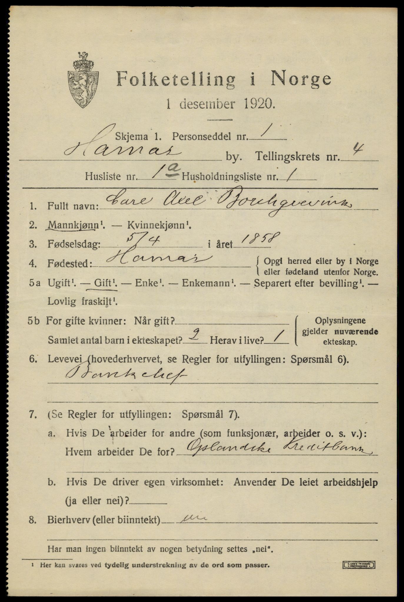 SAH, 1920 census for Hamar, 1920, p. 7795