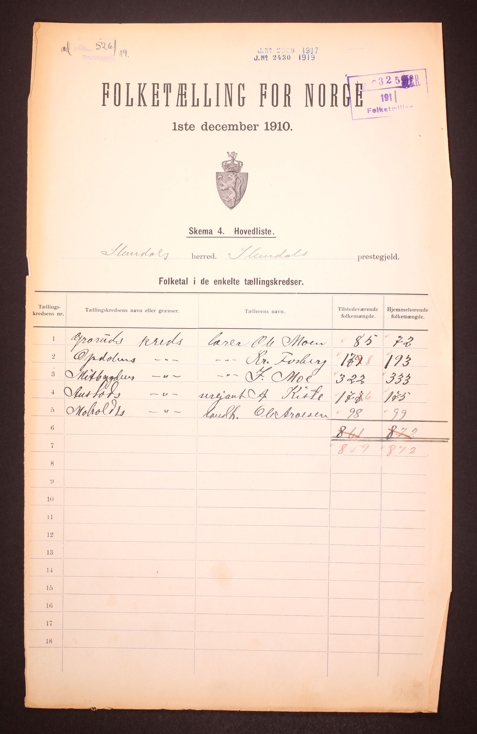 RA, 1910 census for Slemdal, 1910, p. 2