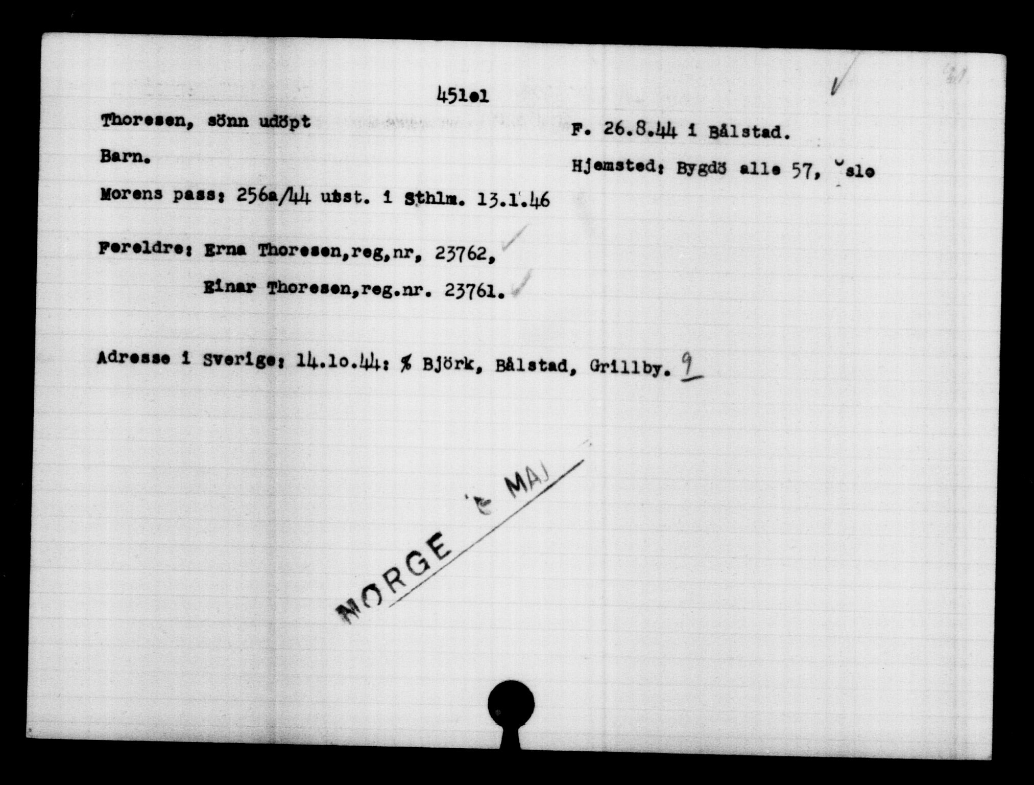 Utenriksstasjonene, Legasjonen i Stockholm, Flyktningkontoret, AV/RA-S-6753/V/Va/L0017: Kjesäterkartoteket, flyktninger med registreringsnr. 43400-46318, 1940-1945, p. 1778