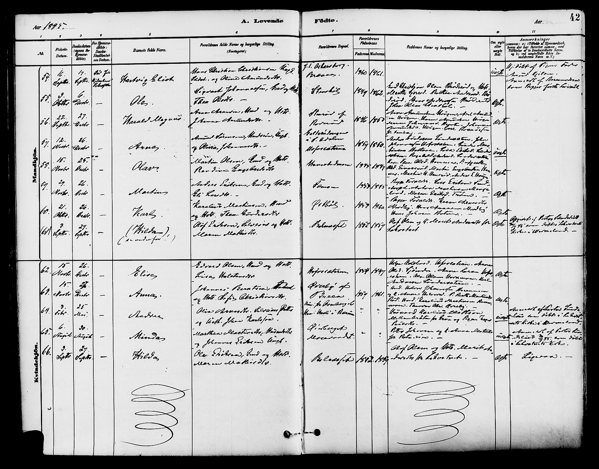 Brandval prestekontor, AV/SAH-PREST-034/H/Ha/Haa/L0002: Parish register (official) no. 2, 1880-1894, p. 42