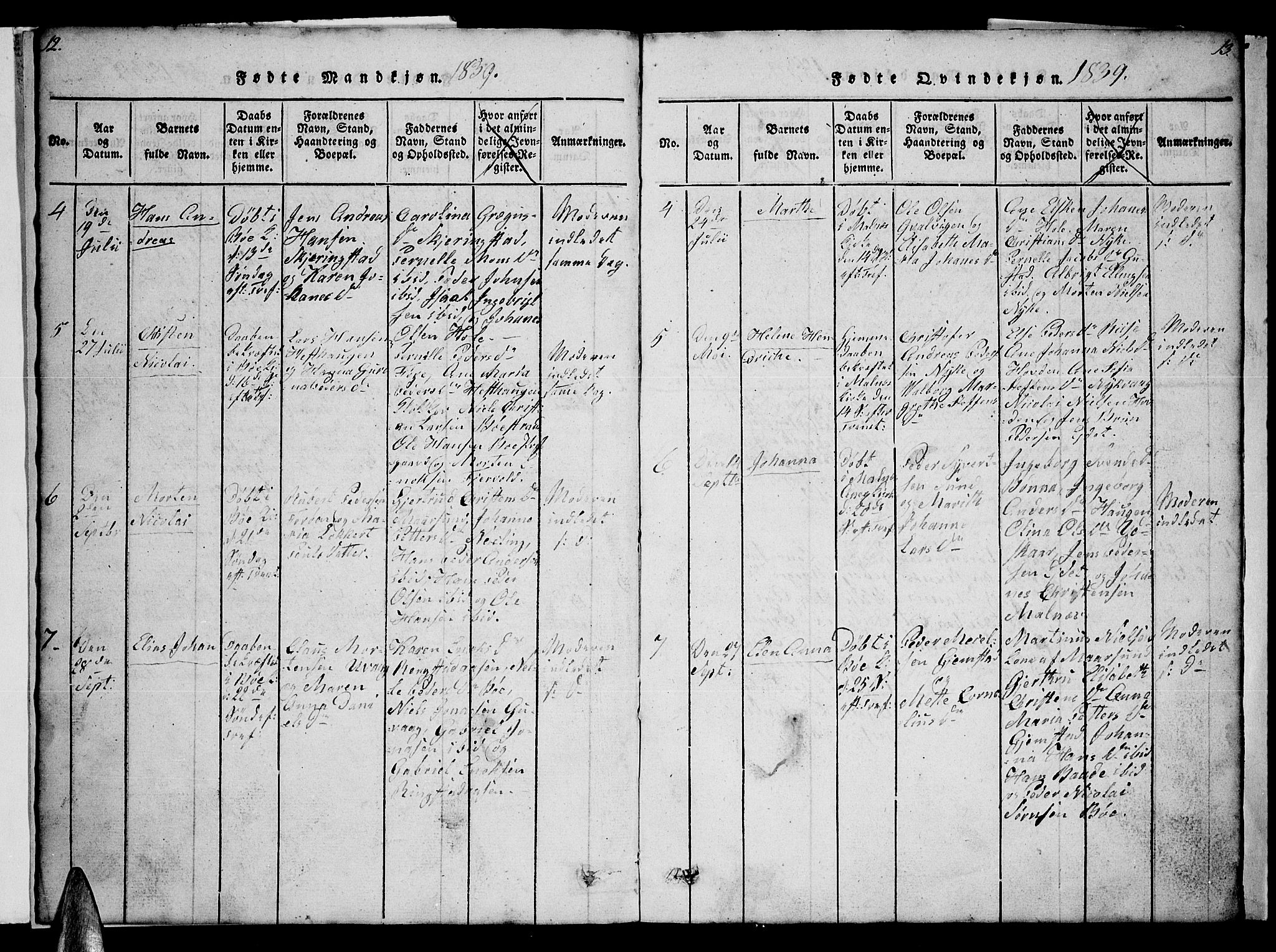 Ministerialprotokoller, klokkerbøker og fødselsregistre - Nordland, AV/SAT-A-1459/891/L1312: Parish register (copy) no. 891C01, 1820-1856, p. 12-13