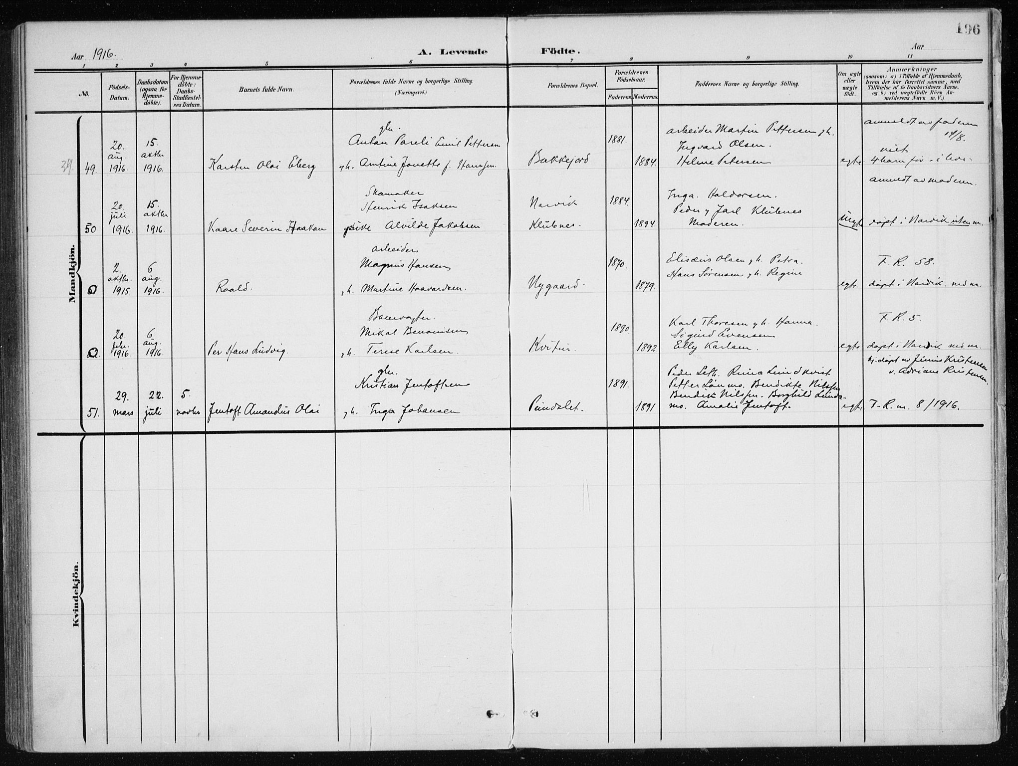 Ministerialprotokoller, klokkerbøker og fødselsregistre - Nordland, SAT/A-1459/866/L0941: Parish register (official) no. 866A04, 1901-1917, p. 196