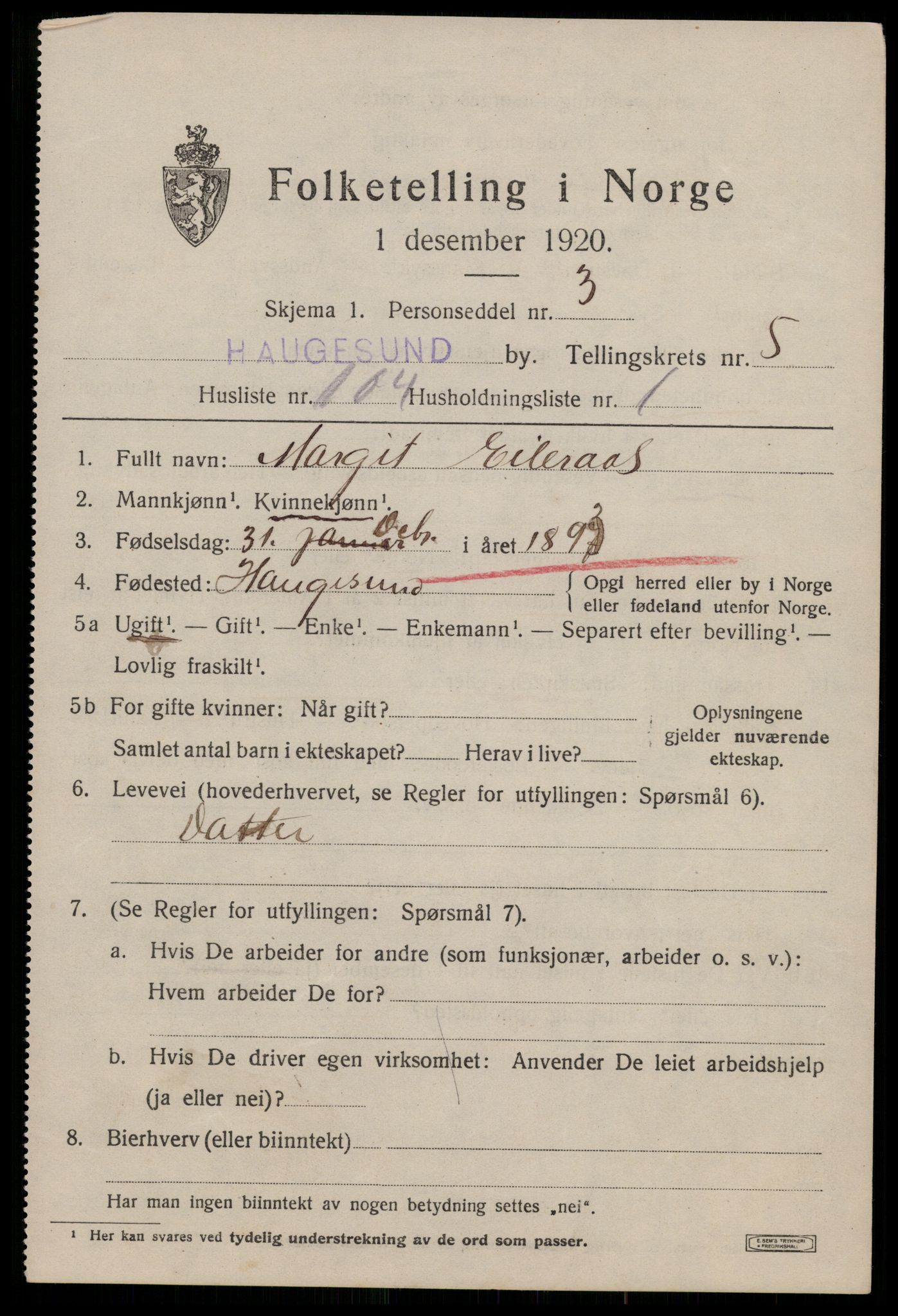 SAST, 1920 census for Haugesund, 1920, p. 20073