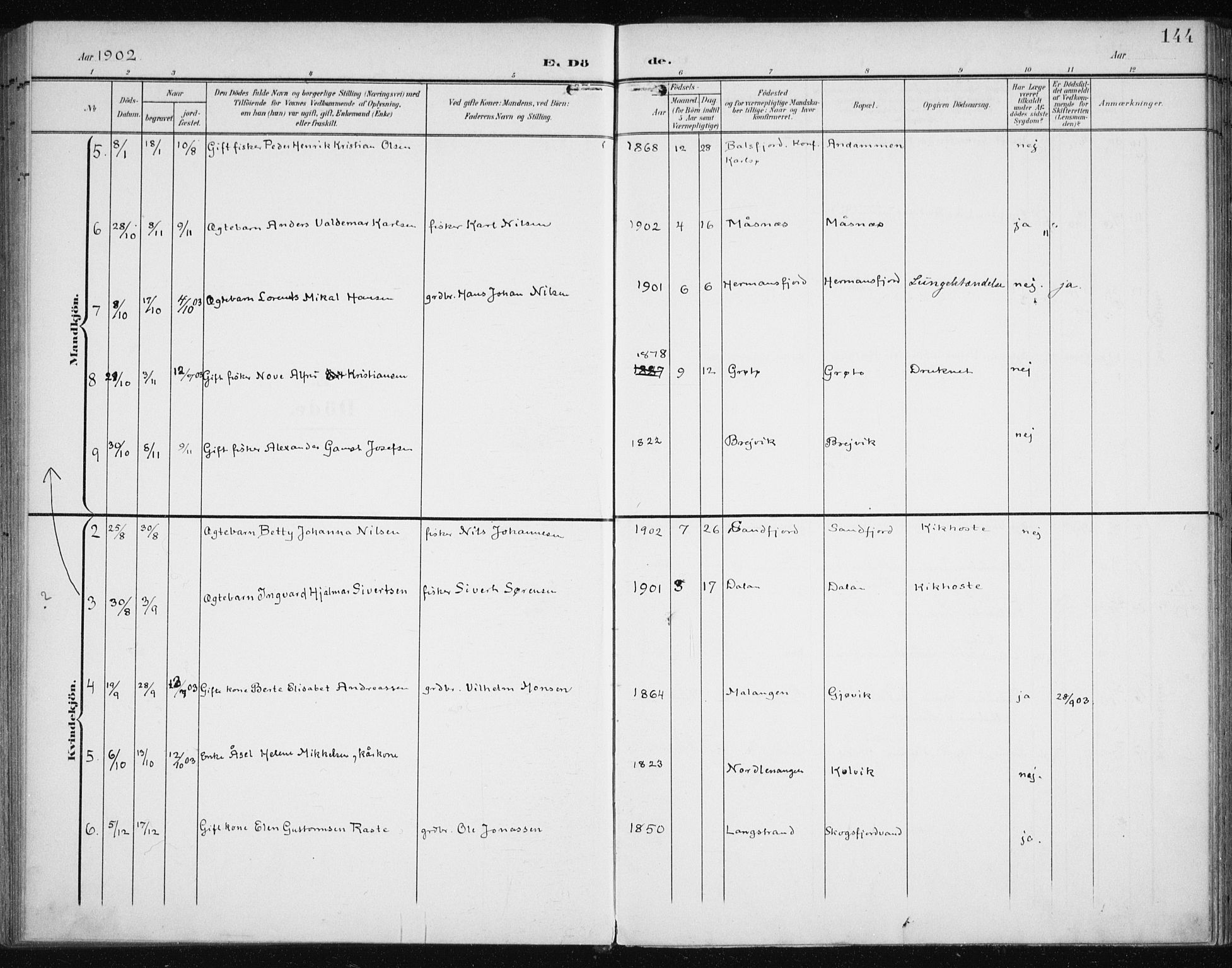 Karlsøy sokneprestembete, AV/SATØ-S-1299/H/Ha/Haa/L0013kirke: Parish register (official) no. 13, 1902-1916, p. 144