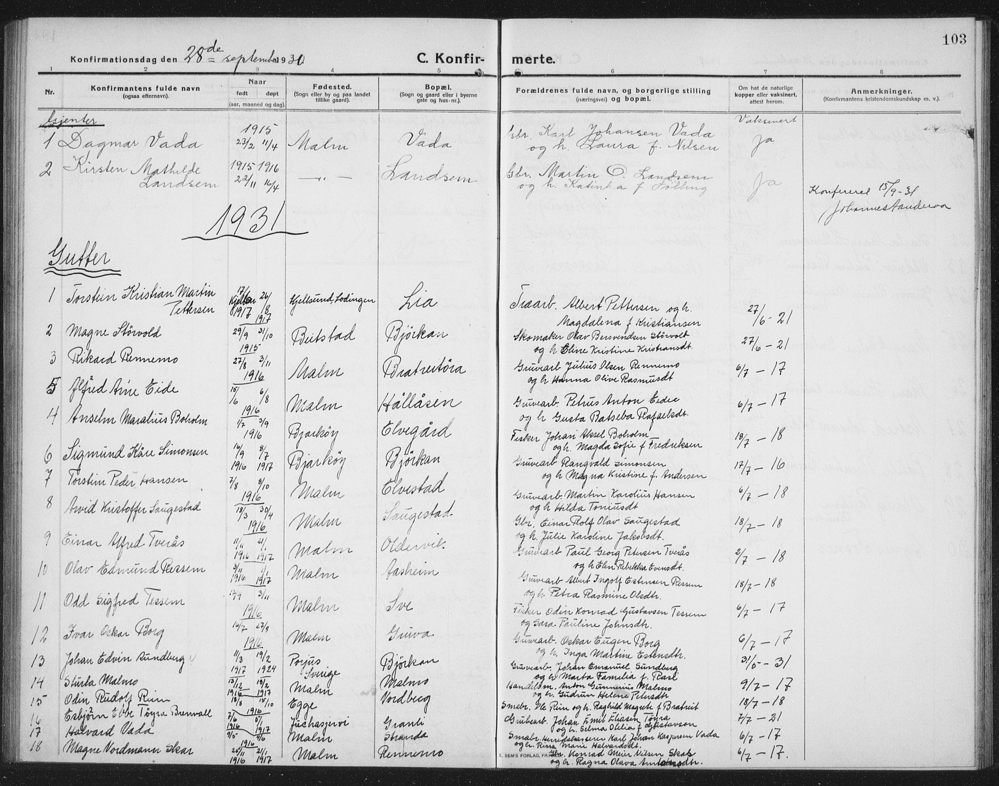 Ministerialprotokoller, klokkerbøker og fødselsregistre - Nord-Trøndelag, SAT/A-1458/745/L0434: Parish register (copy) no. 745C03, 1914-1937, p. 103