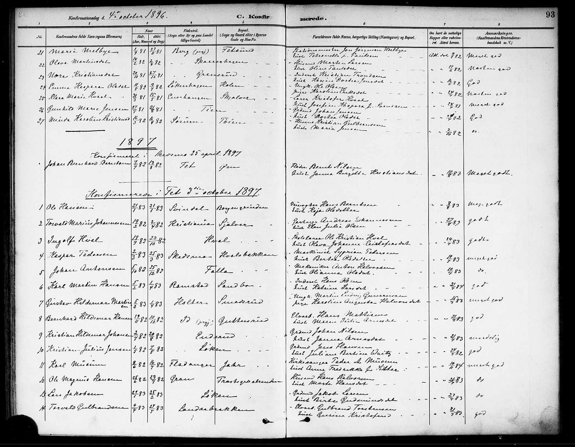 Fet prestekontor Kirkebøker, SAO/A-10370a/F/Fa/L0015: Parish register (official) no. I 15, 1892-1904, p. 93