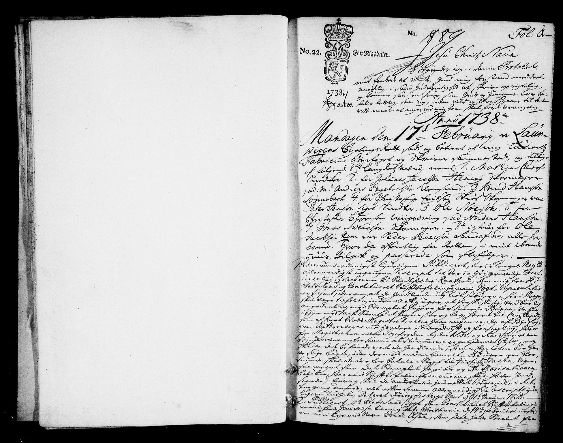 Larvik byfogd, SAKO/A-218/F/Fa/L0016: Tingbok., 1738-1742, p. 1