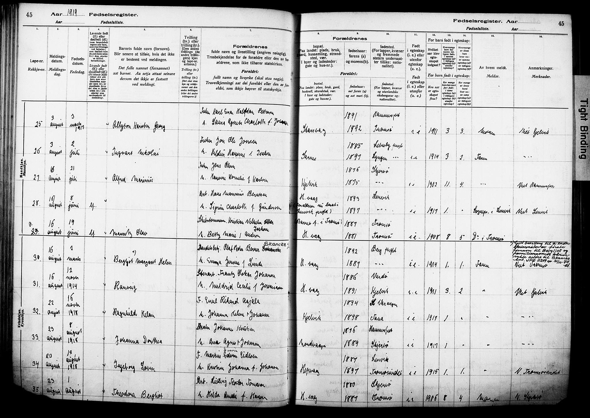 Kjelvik/Nordkapp sokneprestkontor, AV/SATØ-S-1350/I/Ia/L0015: Birth register no. 15, 1916-1930, p. 45