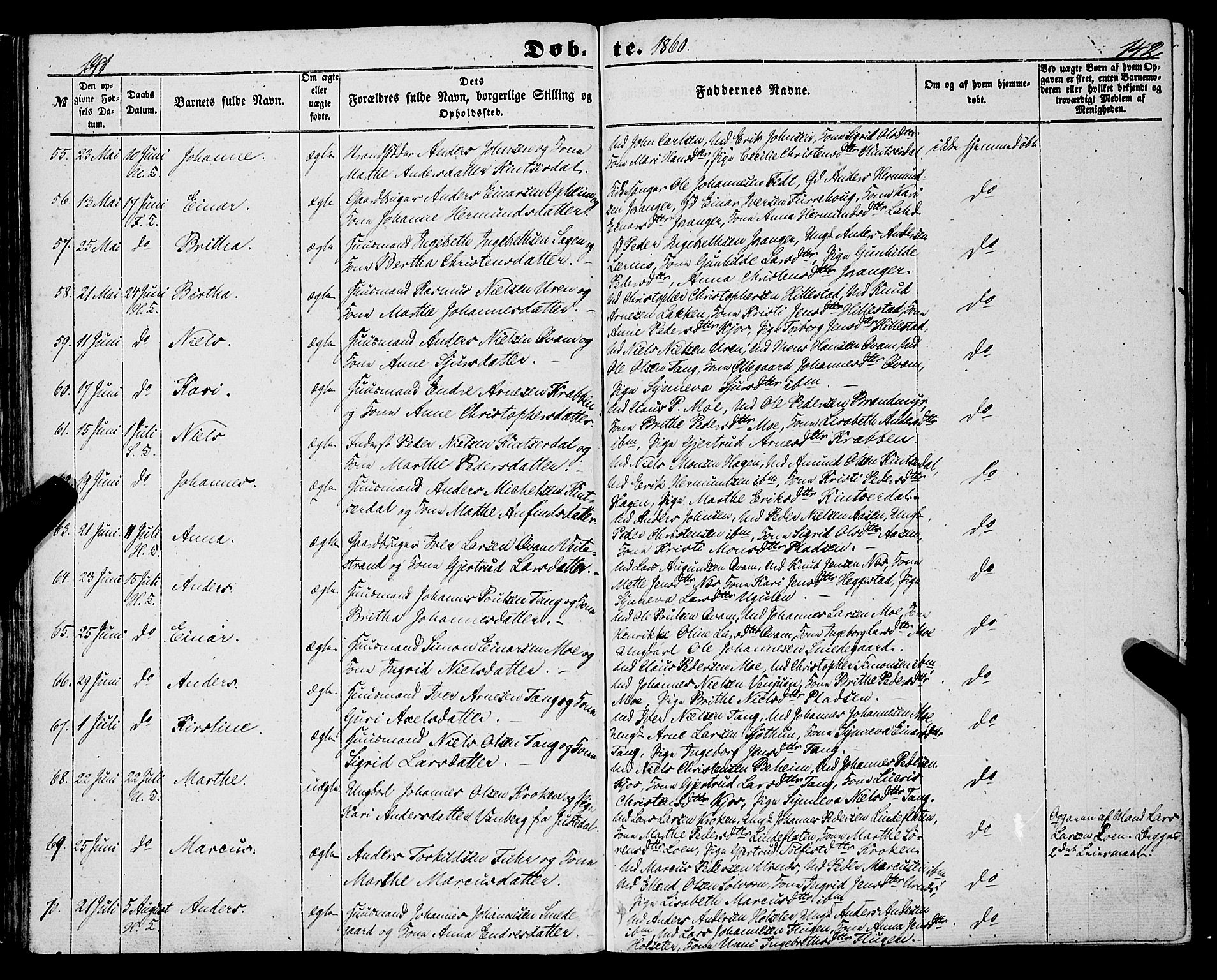 Hafslo sokneprestembete, AV/SAB-A-80301/H/Haa/Haaa/L0009: Parish register (official) no. A 9, 1852-1873, p. 141-142