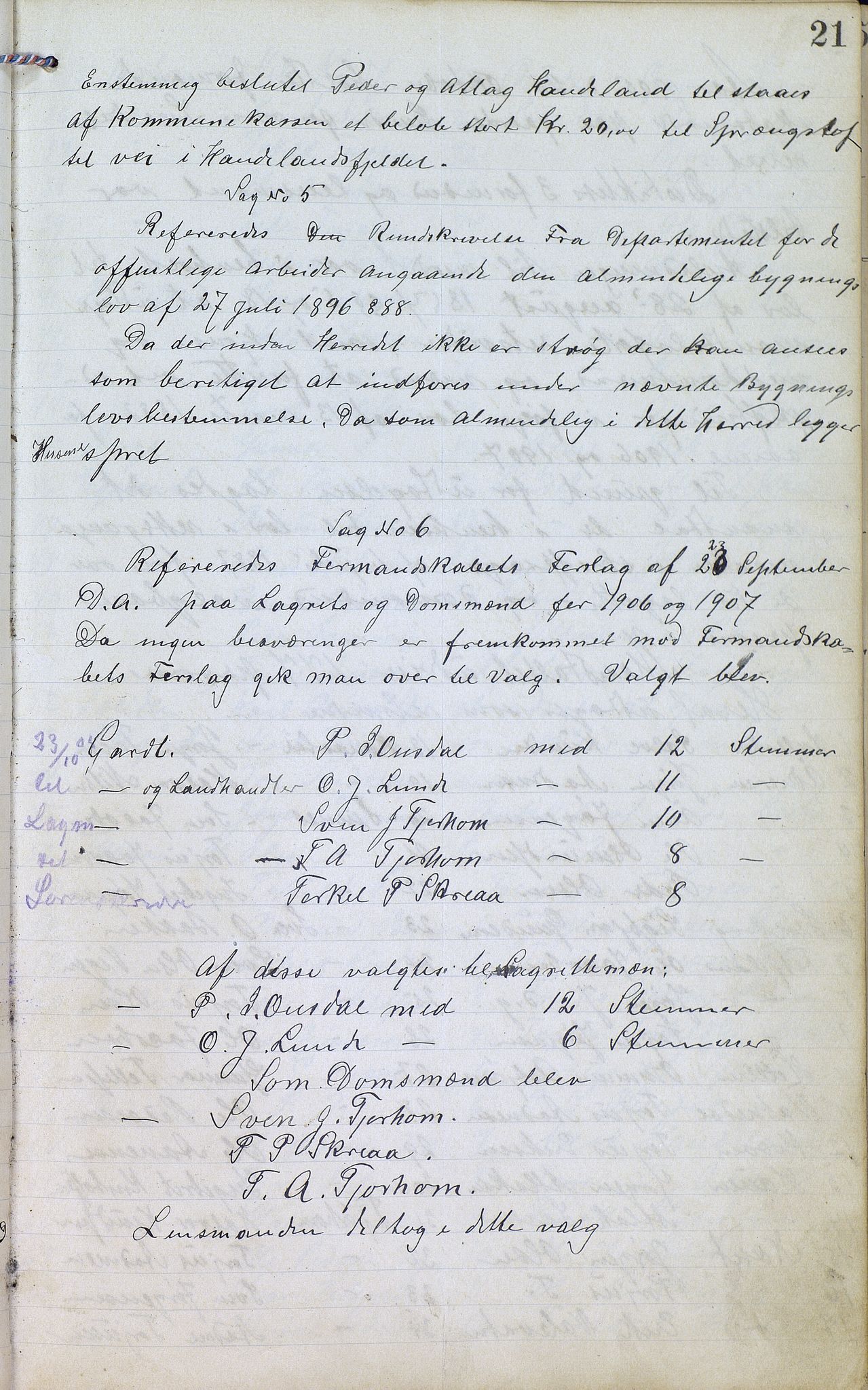 Øvre Sirdal kommune - Formannskapet/Kommunestyret, ARKSOR/1046ØS120/A/L0001: Møtebok (d), 1905-1917, p. 21