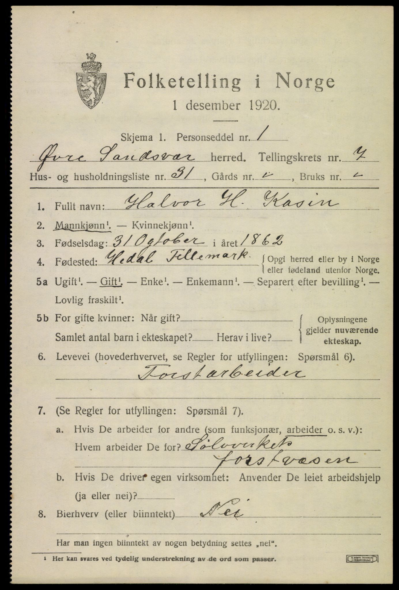SAKO, 1920 census for Øvre Sandsvær, 1920, p. 4128