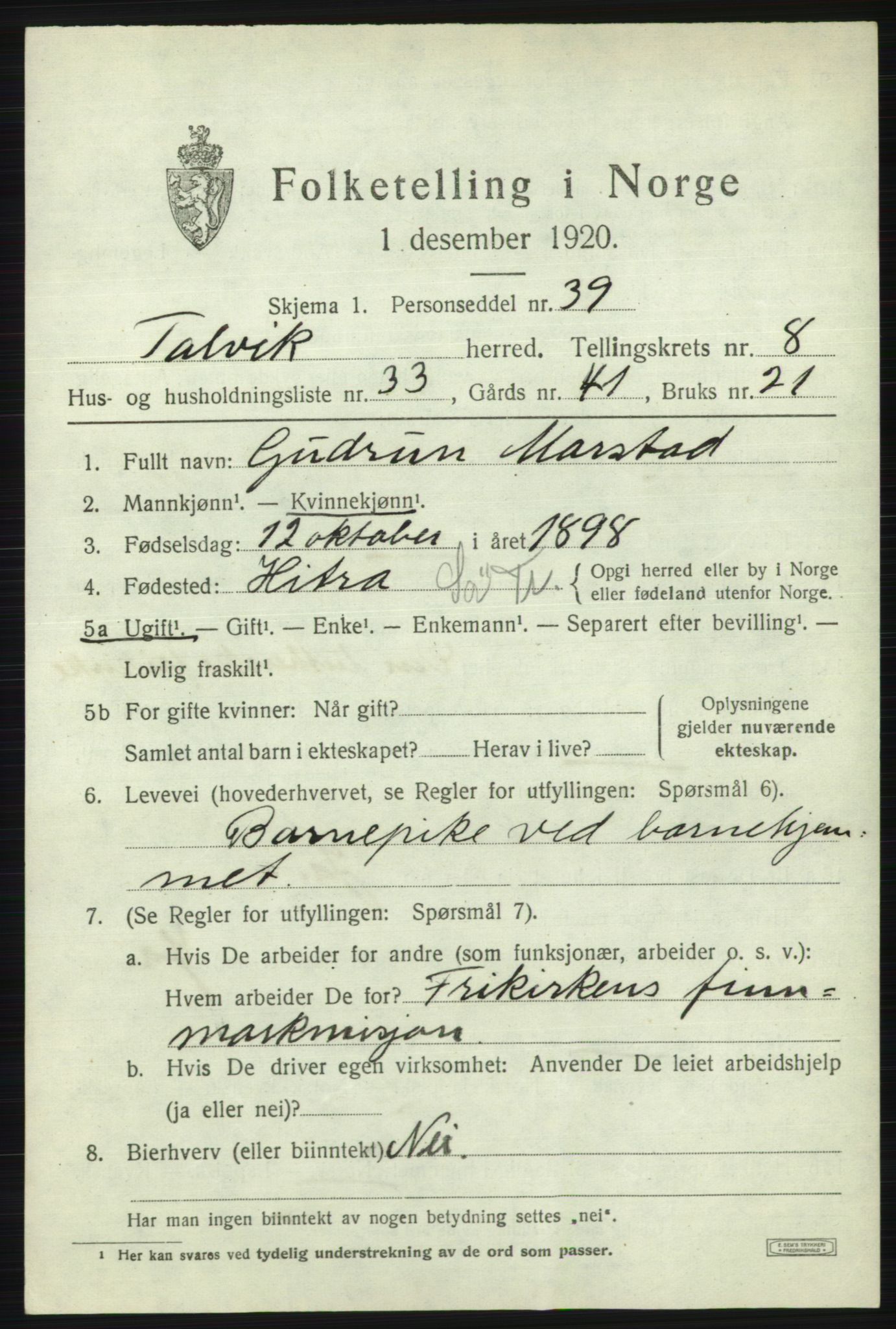 SATØ, 1920 census for Talvik, 1920, p. 5410