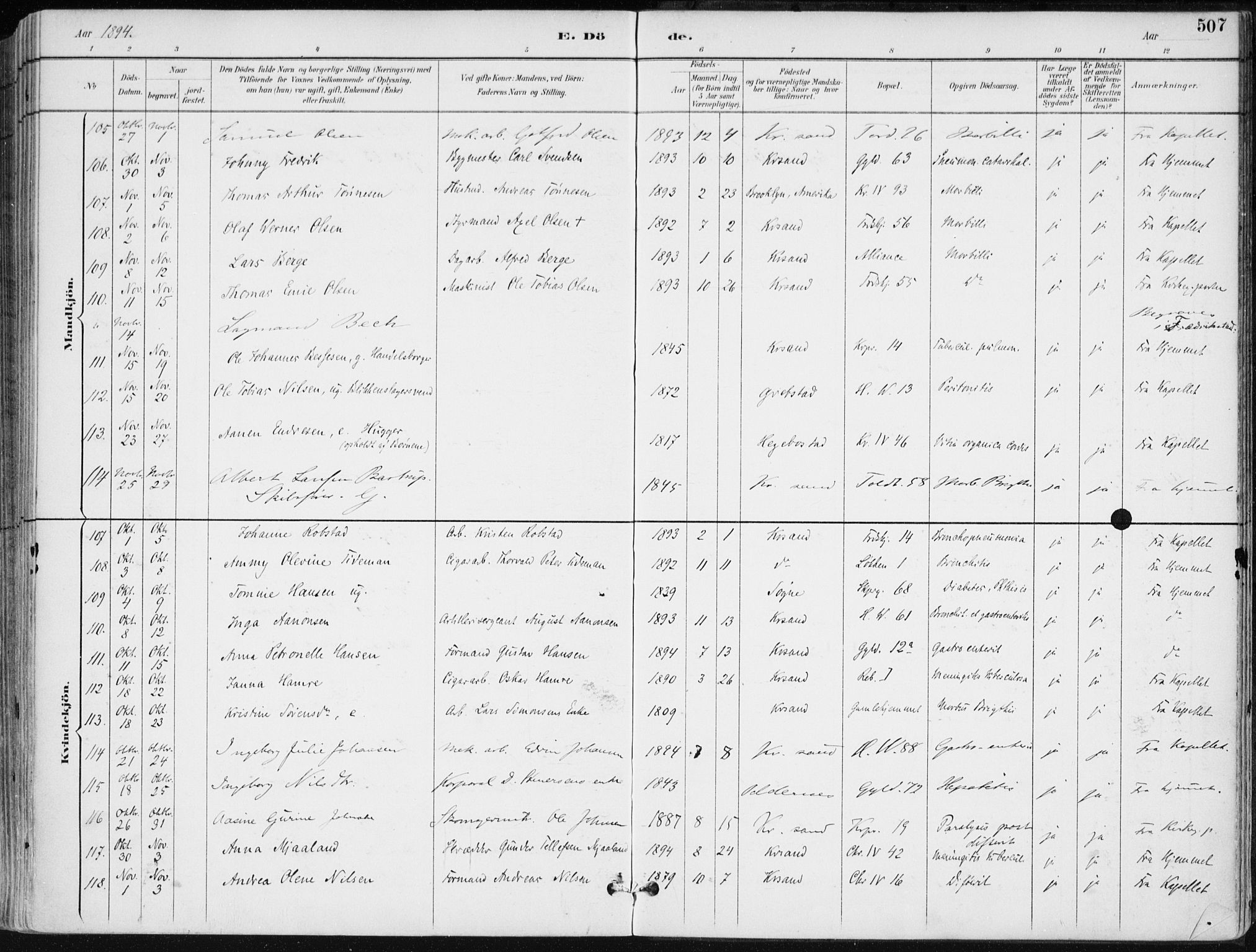 Kristiansand domprosti, AV/SAK-1112-0006/F/Fa/L0019: Parish register (official) no. A 18, 1890-1897, p. 507