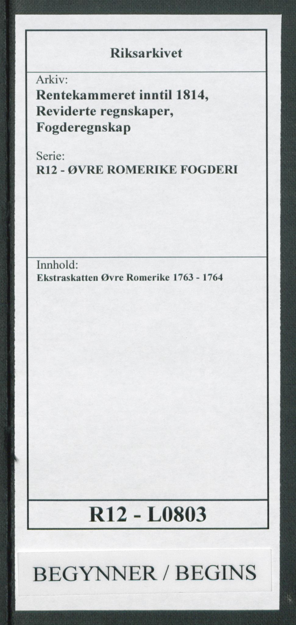 Rentekammeret inntil 1814, Reviderte regnskaper, Fogderegnskap, AV/RA-EA-4092/R12/L0803: Ekstraskatten Øvre Romerike, 1763-1764, p. 1