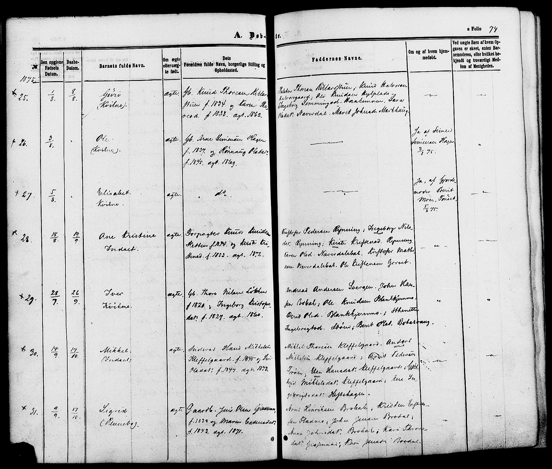 Kvikne prestekontor, AV/SAH-PREST-064/H/Ha/Haa/L0006: Parish register (official) no. 6, 1863-1886, p. 74