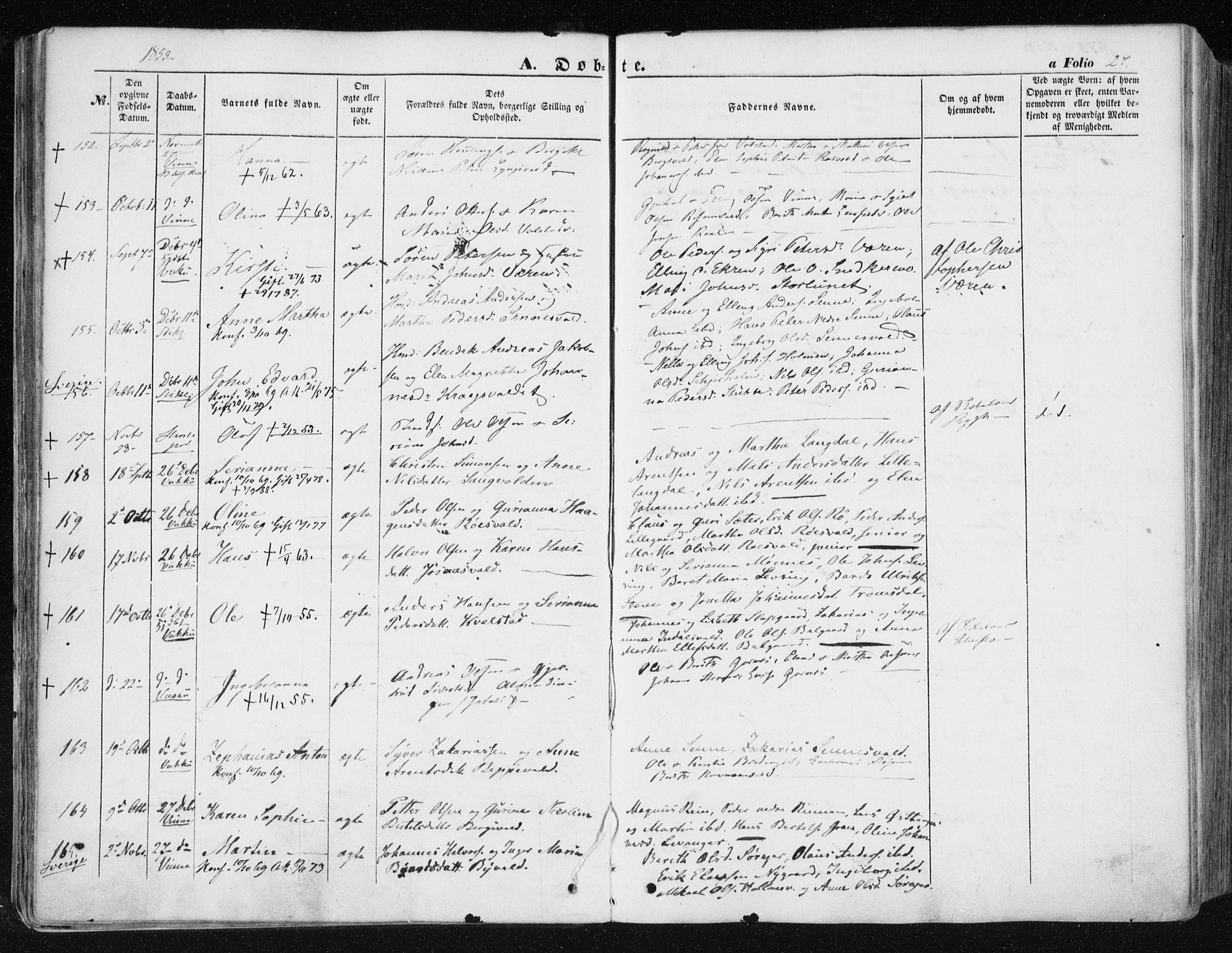 Ministerialprotokoller, klokkerbøker og fødselsregistre - Nord-Trøndelag, SAT/A-1458/723/L0240: Parish register (official) no. 723A09, 1852-1860, p. 27