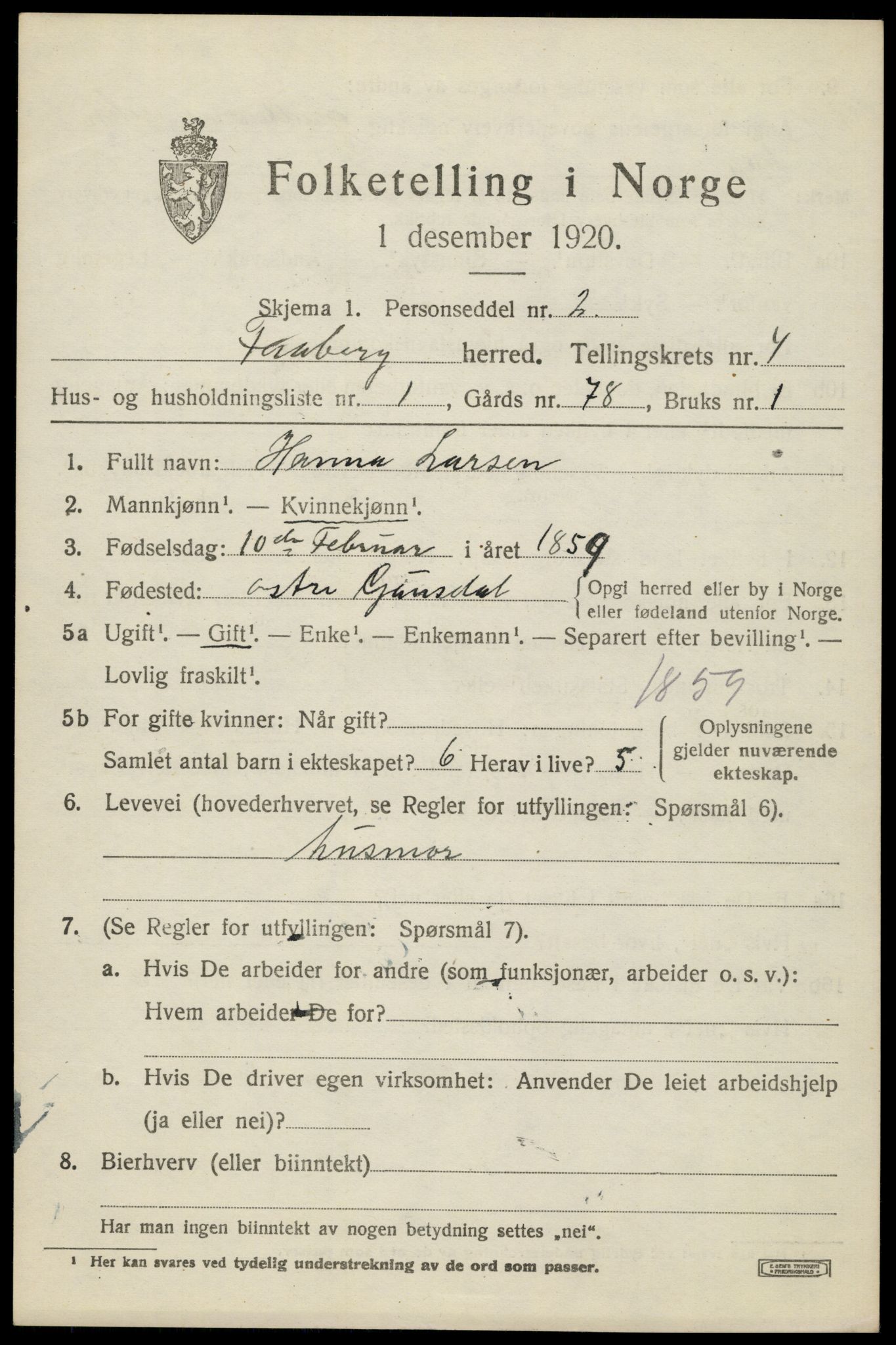 SAH, 1920 census for Fåberg, 1920, p. 4488