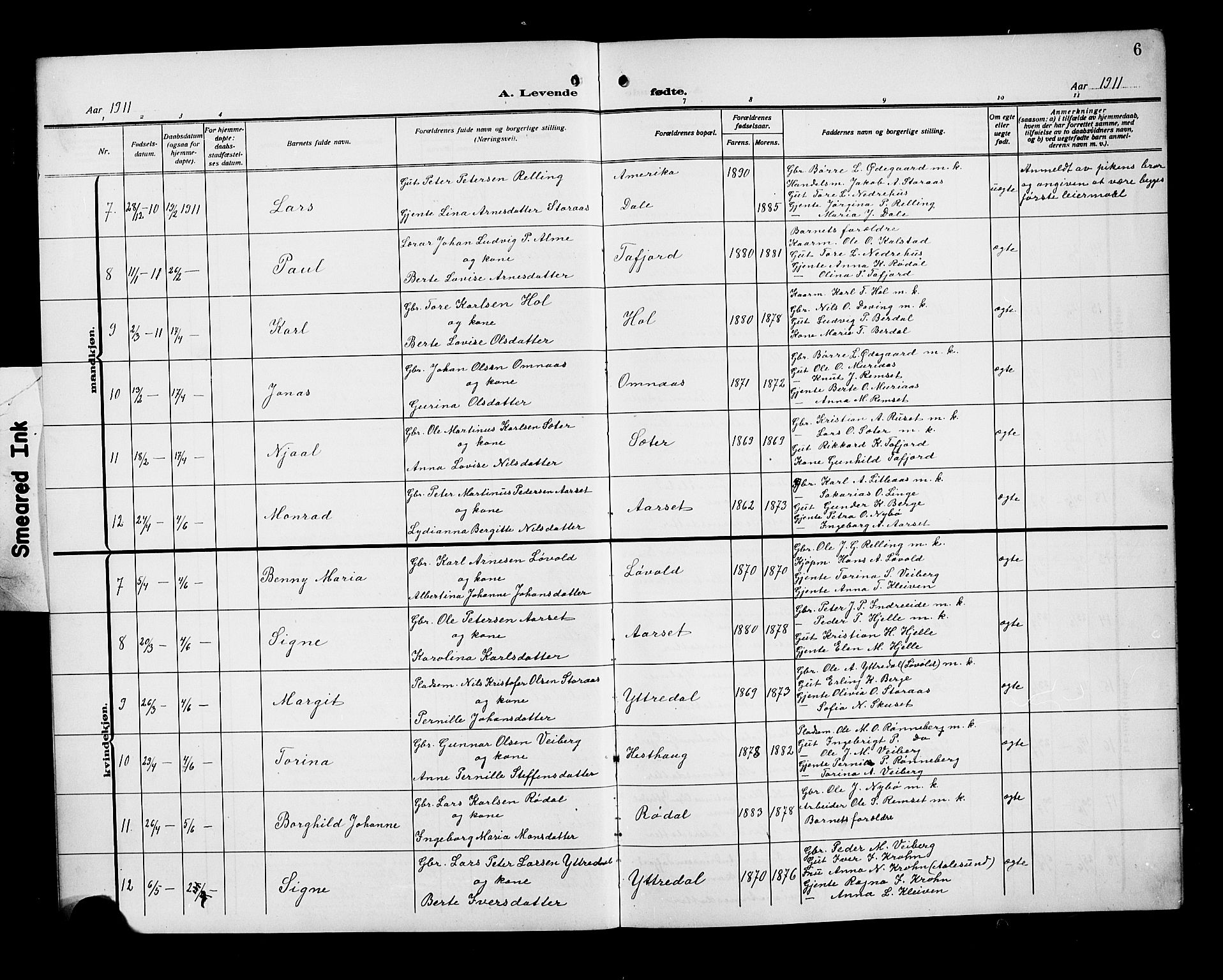 Ministerialprotokoller, klokkerbøker og fødselsregistre - Møre og Romsdal, SAT/A-1454/519/L0265: Parish register (copy) no. 519C06, 1911-1921, p. 6