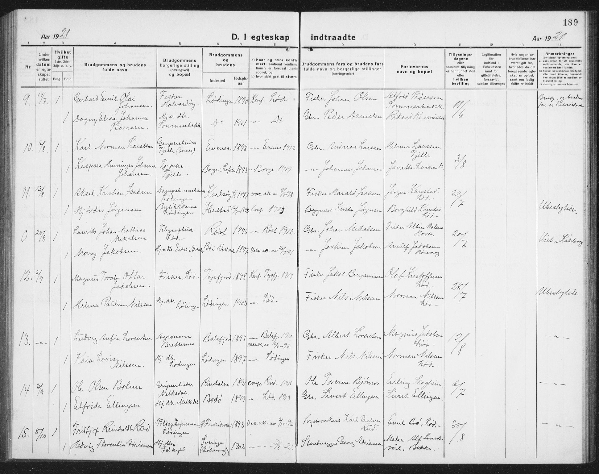 Ministerialprotokoller, klokkerbøker og fødselsregistre - Nordland, AV/SAT-A-1459/872/L1049: Parish register (copy) no. 872C05, 1920-1938, p. 189