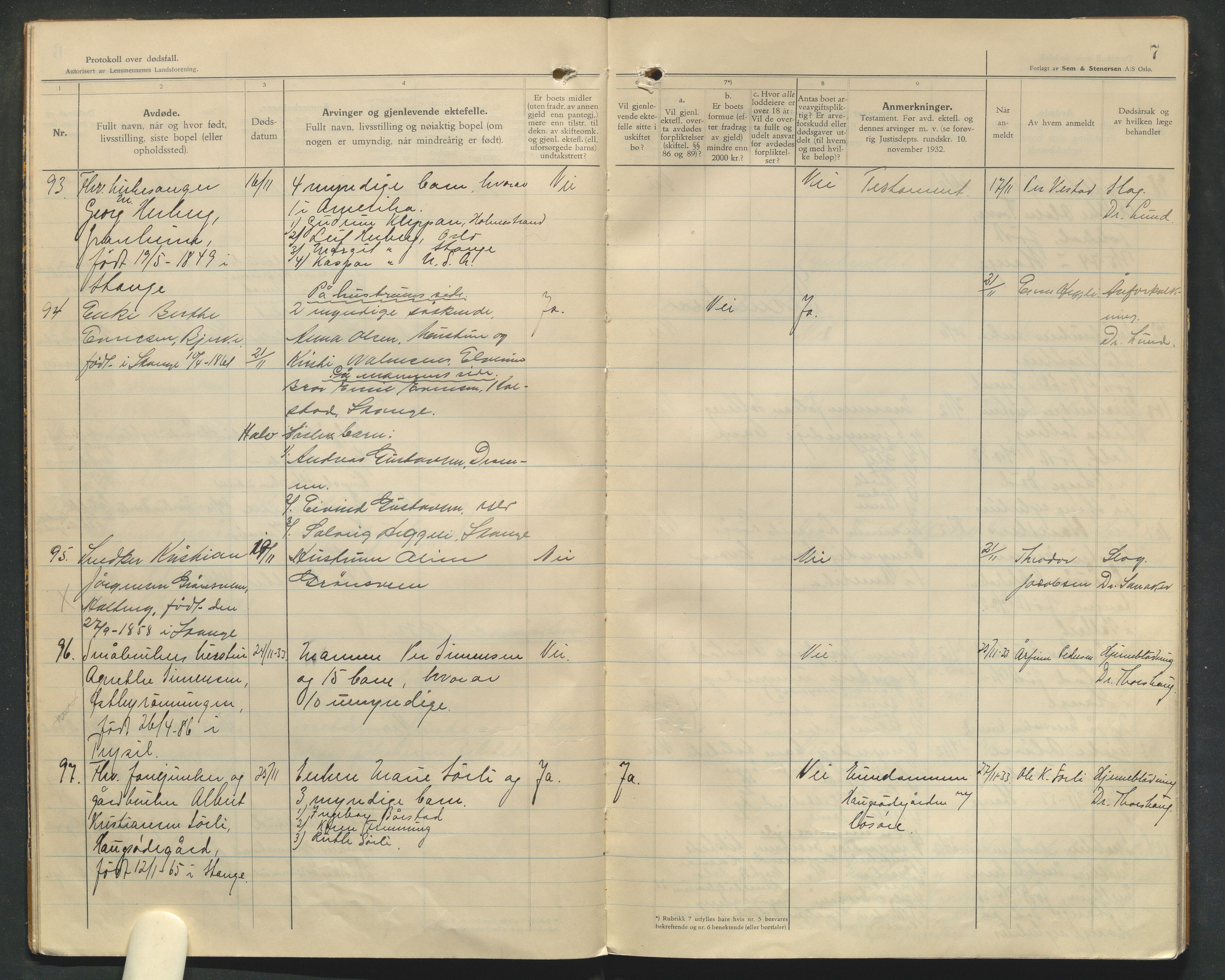 Stange lensmannskontor, SAH/LHS-020/H/Ha/Haa/L0002/0002: Dødsfallsprotokoller / Dødsfallsprotokoll, 1933-1936, p. 7