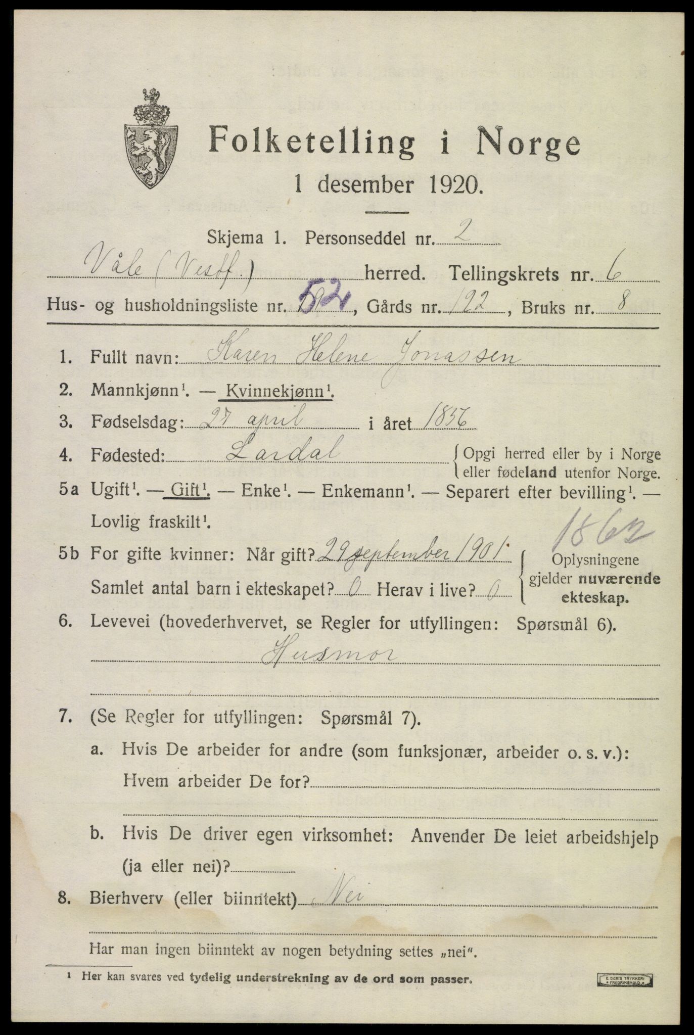 SAKO, 1920 census for Våle, 1920, p. 5480