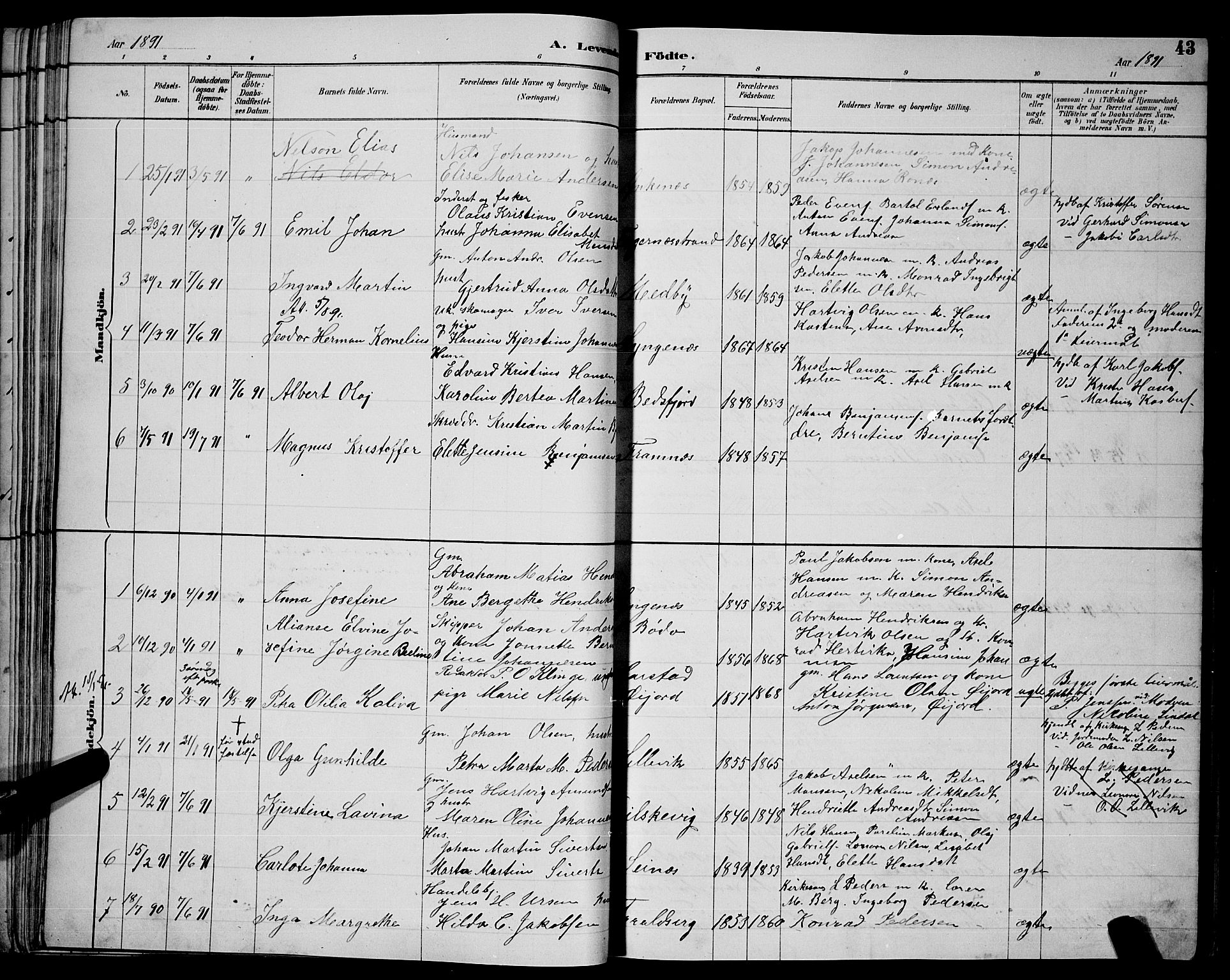 Ministerialprotokoller, klokkerbøker og fødselsregistre - Nordland, AV/SAT-A-1459/866/L0952: Parish register (copy) no. 866C01, 1886-1899, p. 43