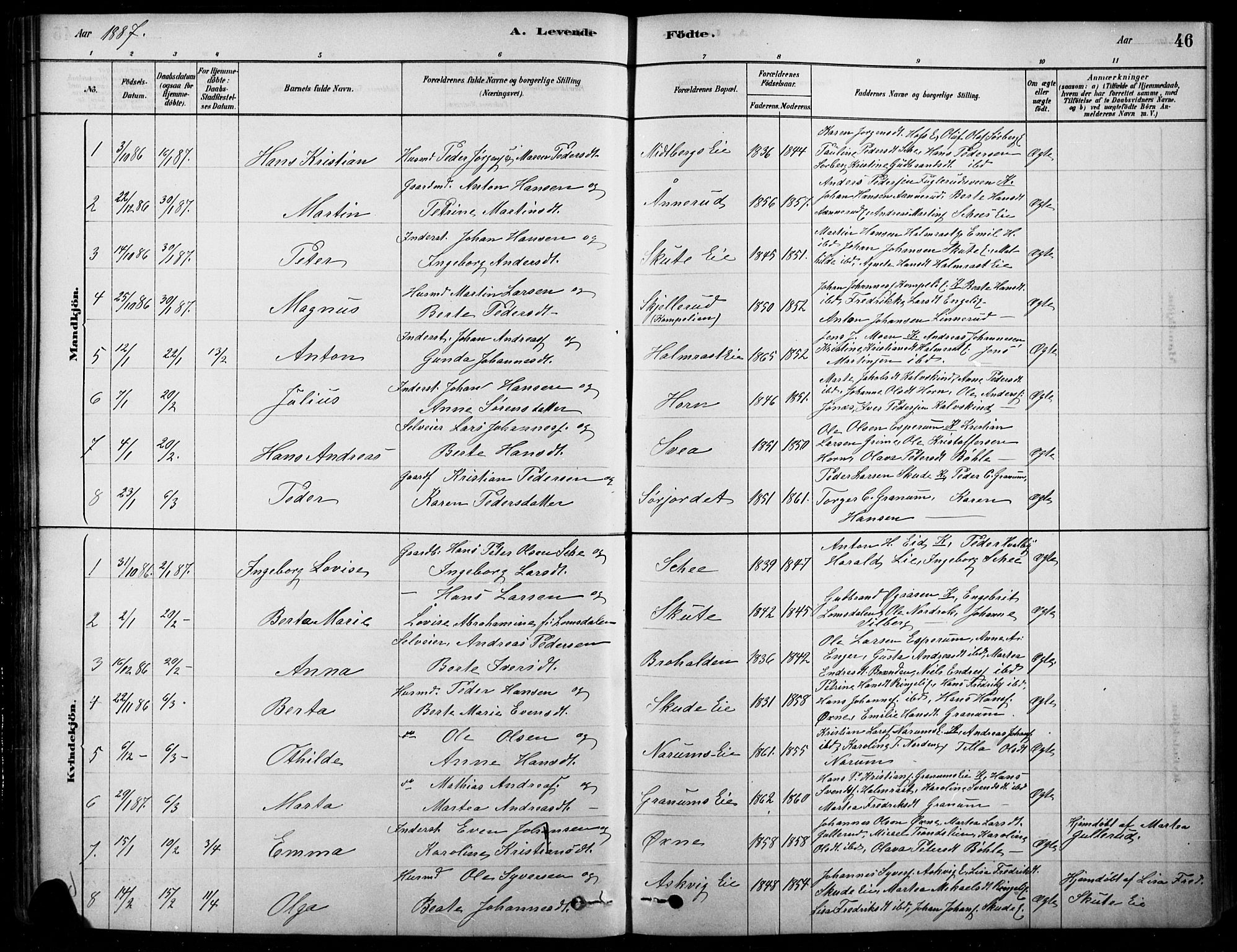 Søndre Land prestekontor, AV/SAH-PREST-122/K/L0003: Parish register (official) no. 3, 1878-1894, p. 46