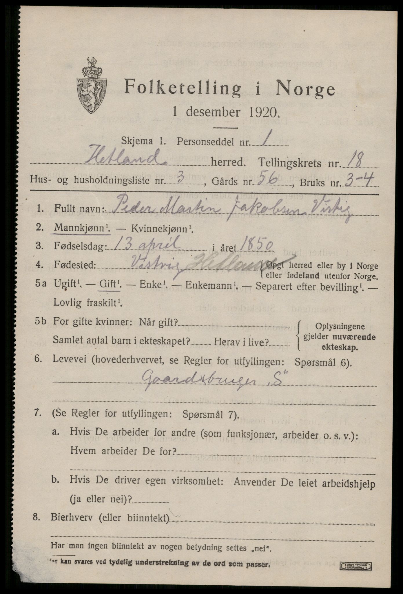 SAST, 1920 census for Hetland, 1920, p. 25115