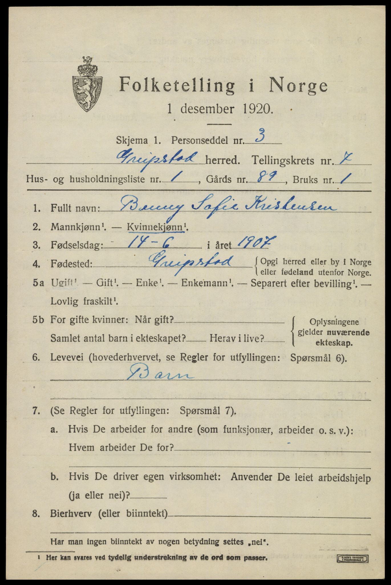 SAK, 1920 census for Greipstad, 1920, p. 2110