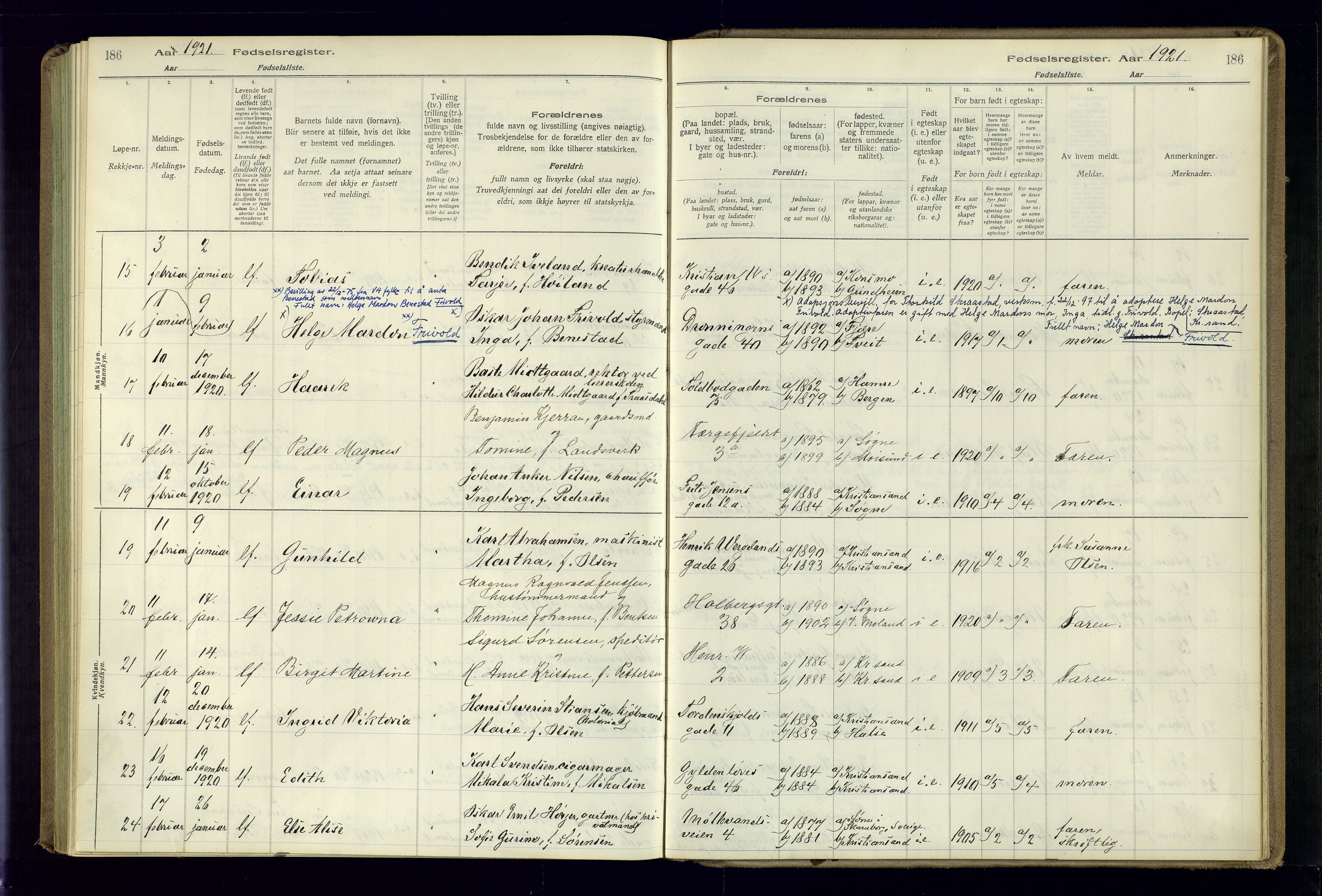 Kristiansand domprosti, AV/SAK-1112-0006/J/Jc/L0001: Birth register no. A-VI-45, 1916-1921, p. 186