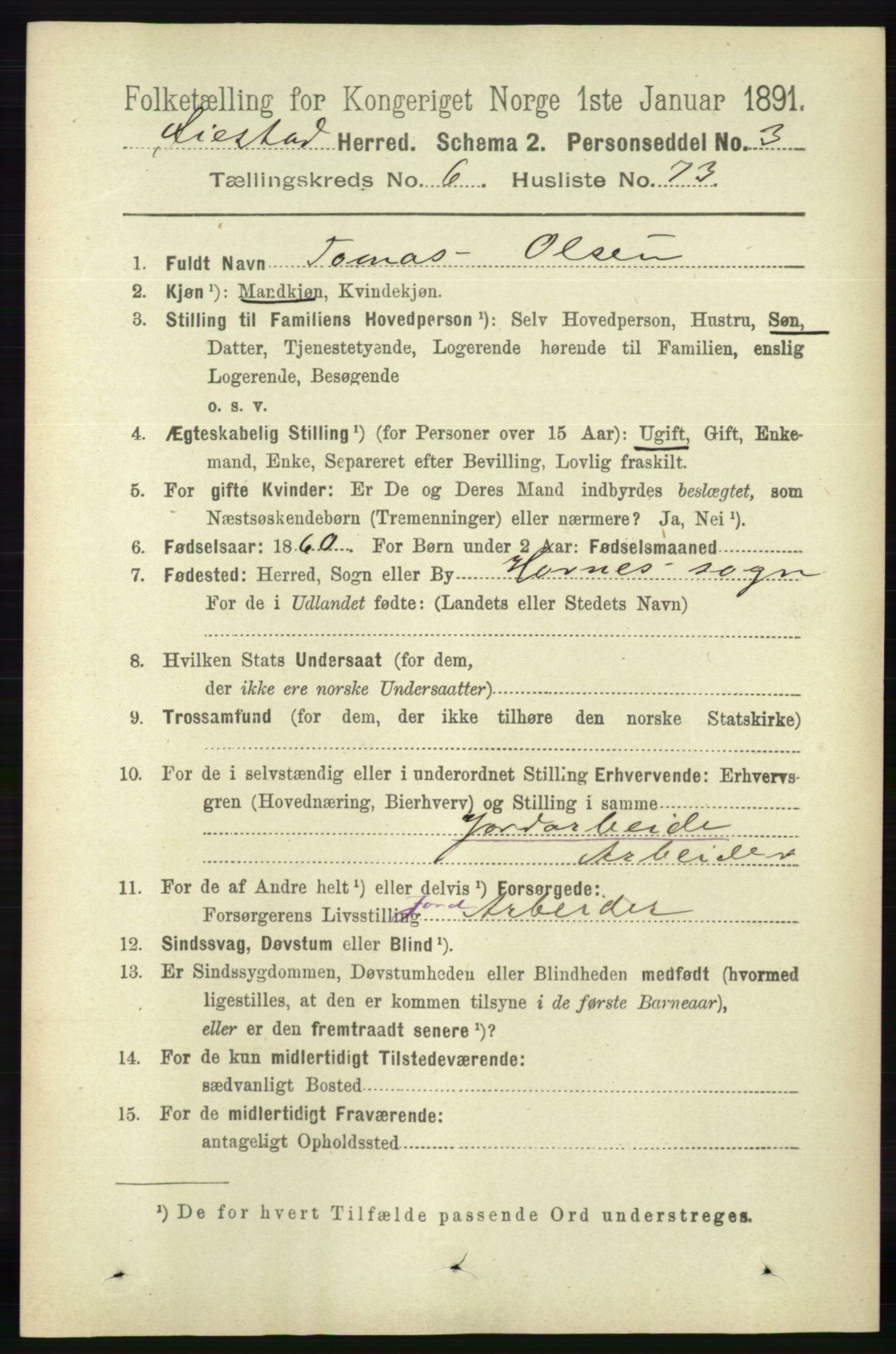 RA, 1891 census for 0920 Øyestad, 1891, p. 2548