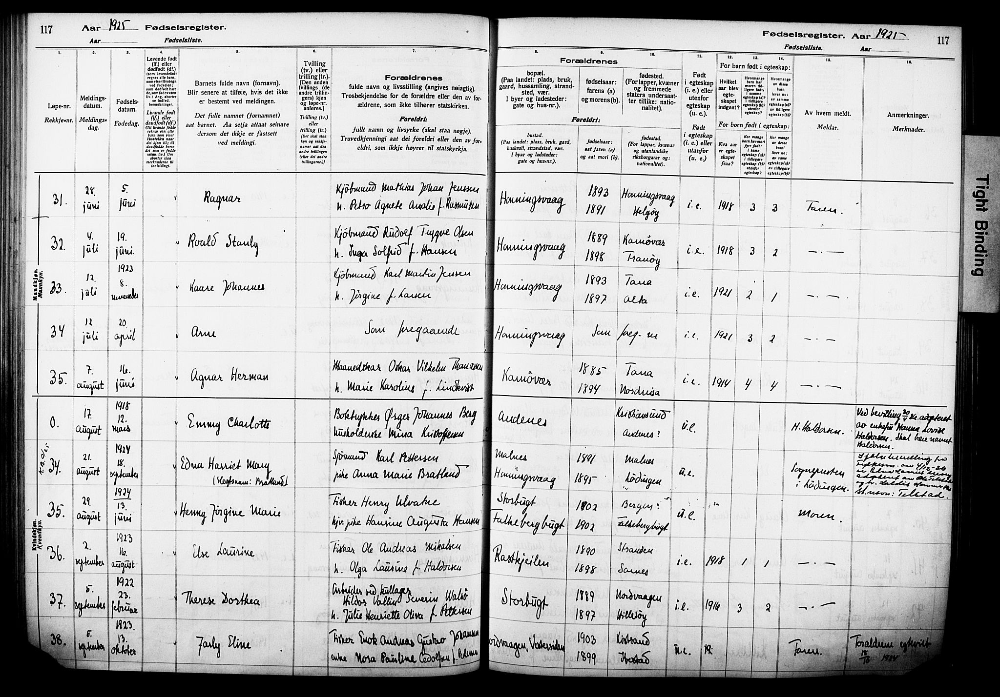 Kjelvik/Nordkapp sokneprestkontor, AV/SATØ-S-1350/I/Ia/L0015: Birth register no. 15, 1916-1930, p. 117