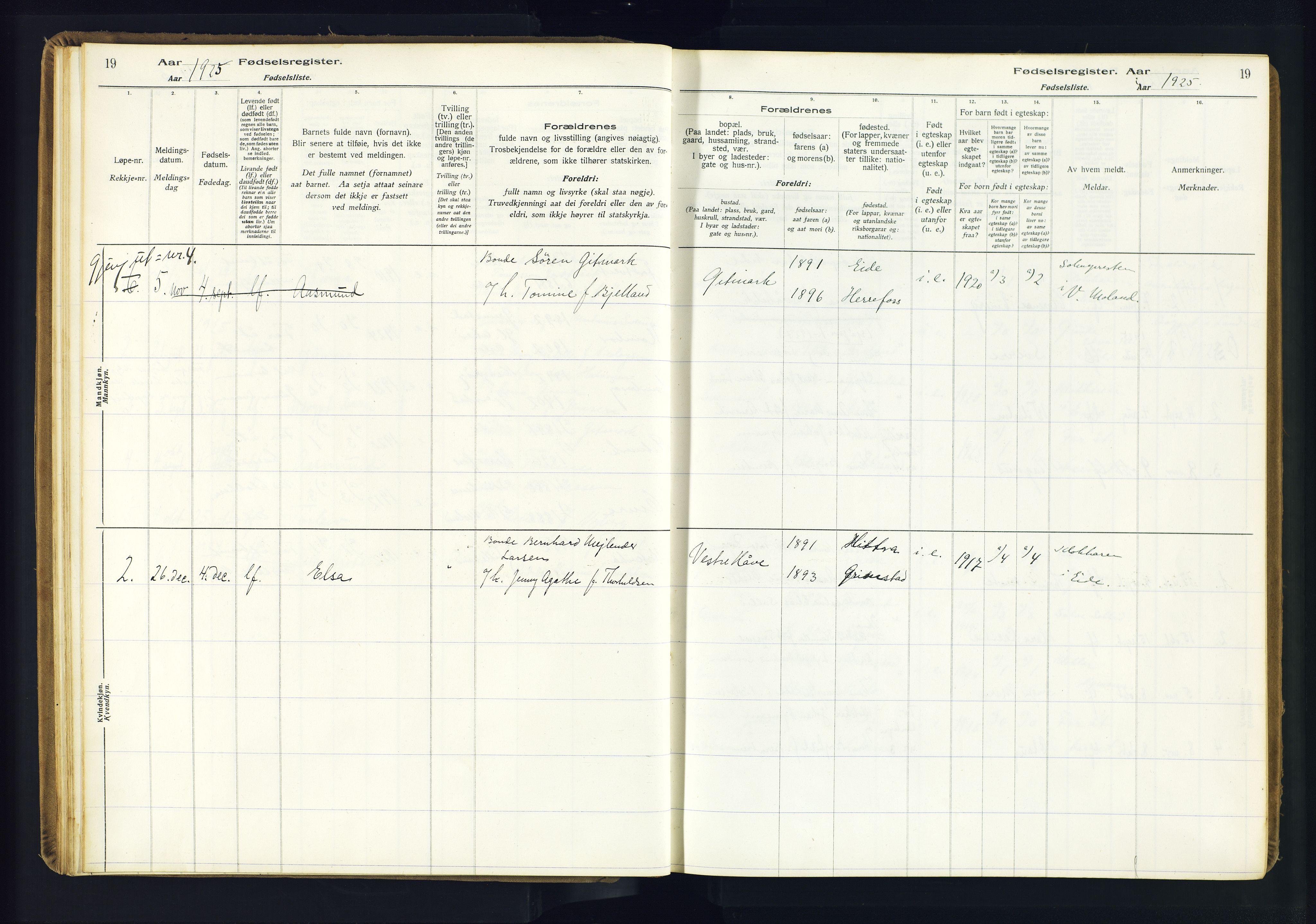 Hommedal sokneprestkontor, AV/SAK-1111-0023/J/Jd/L0003: Birth register no. 3, 1916-1982, p. 19