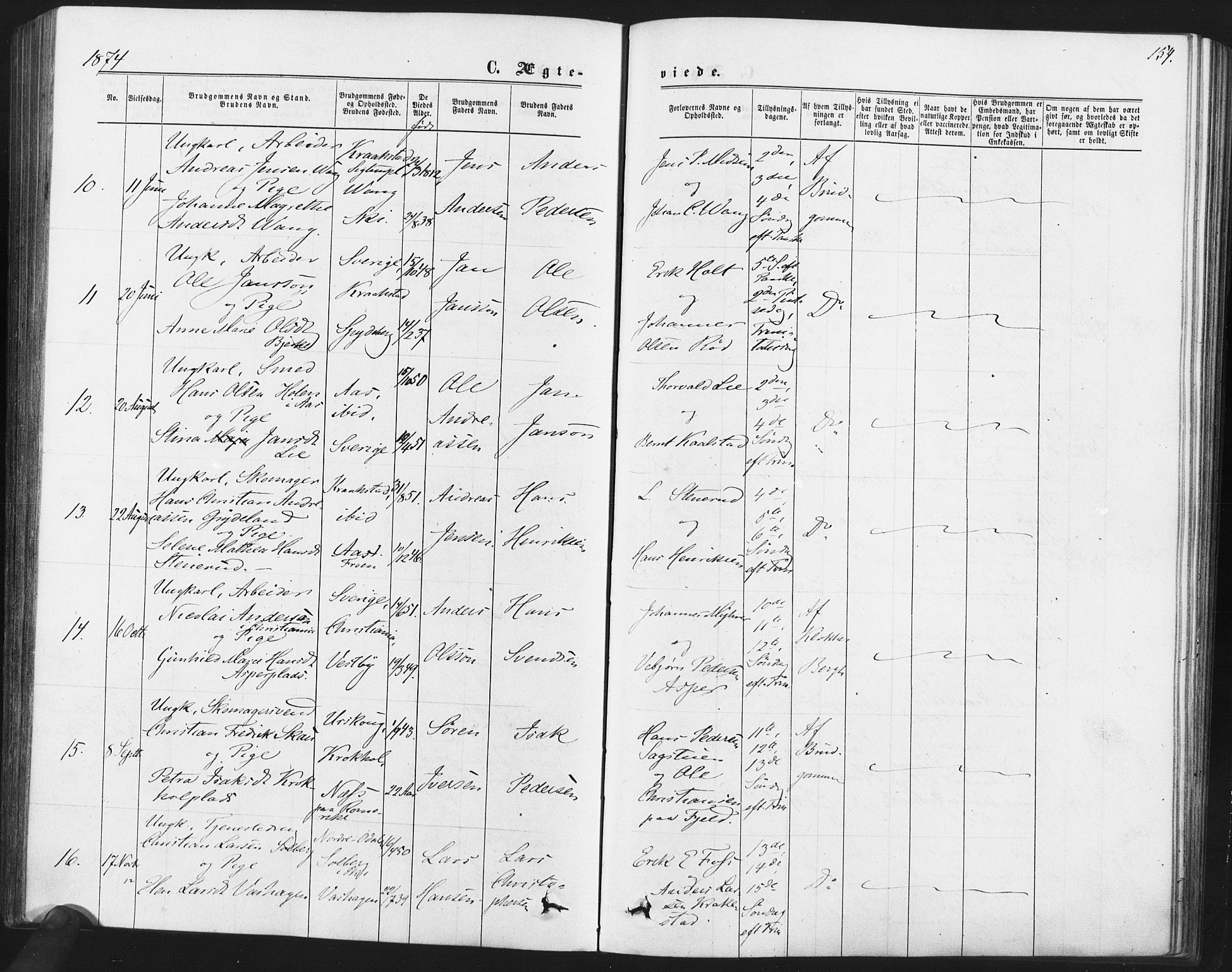Kråkstad prestekontor Kirkebøker, SAO/A-10125a/F/Fa/L0008: Parish register (official) no. I 8, 1870-1879, p. 154