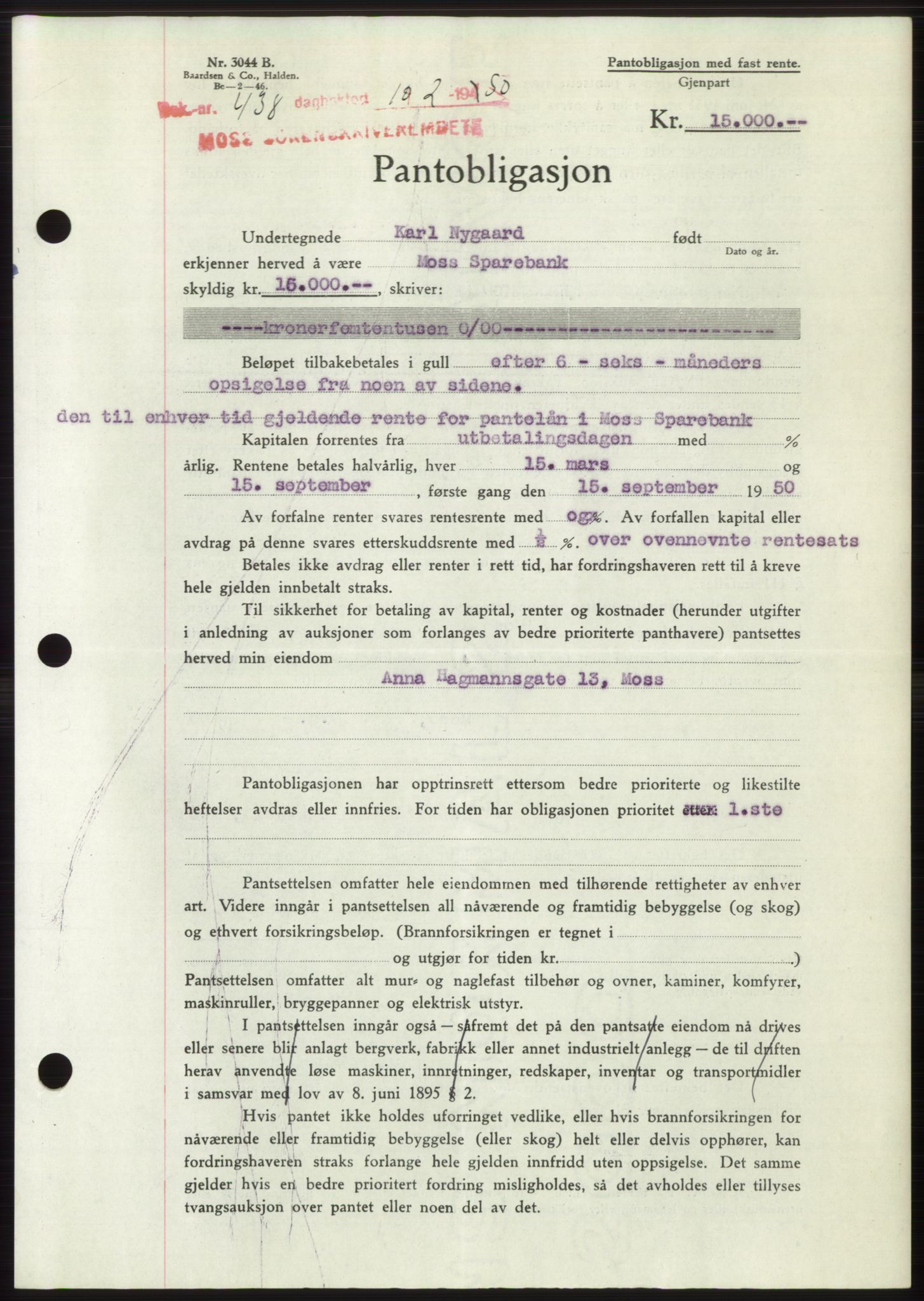 Moss sorenskriveri, SAO/A-10168: Mortgage book no. B23, 1949-1950, Diary no: : 438/1950