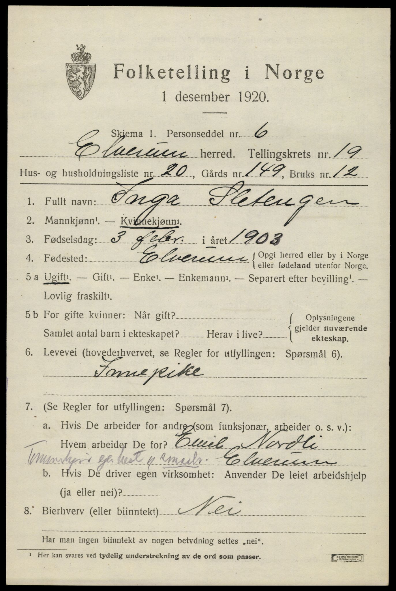 SAH, 1920 census for Elverum, 1920, p. 22770