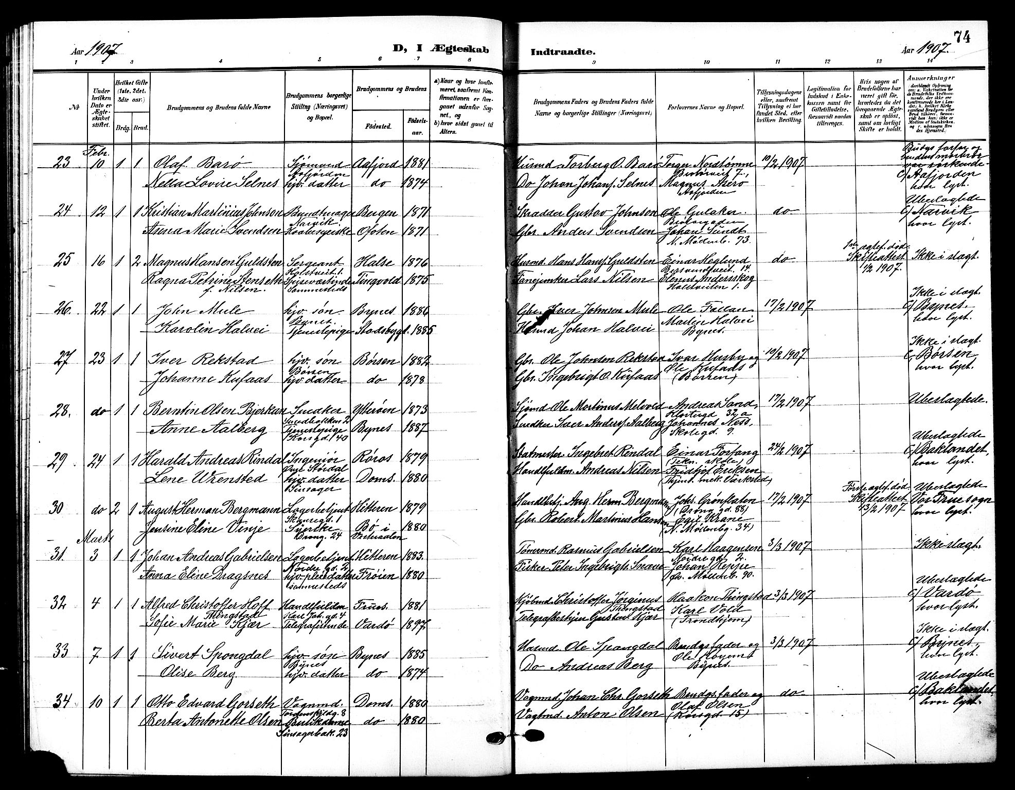 Ministerialprotokoller, klokkerbøker og fødselsregistre - Sør-Trøndelag, AV/SAT-A-1456/601/L0095: Parish register (copy) no. 601C13, 1902-1911, p. 74