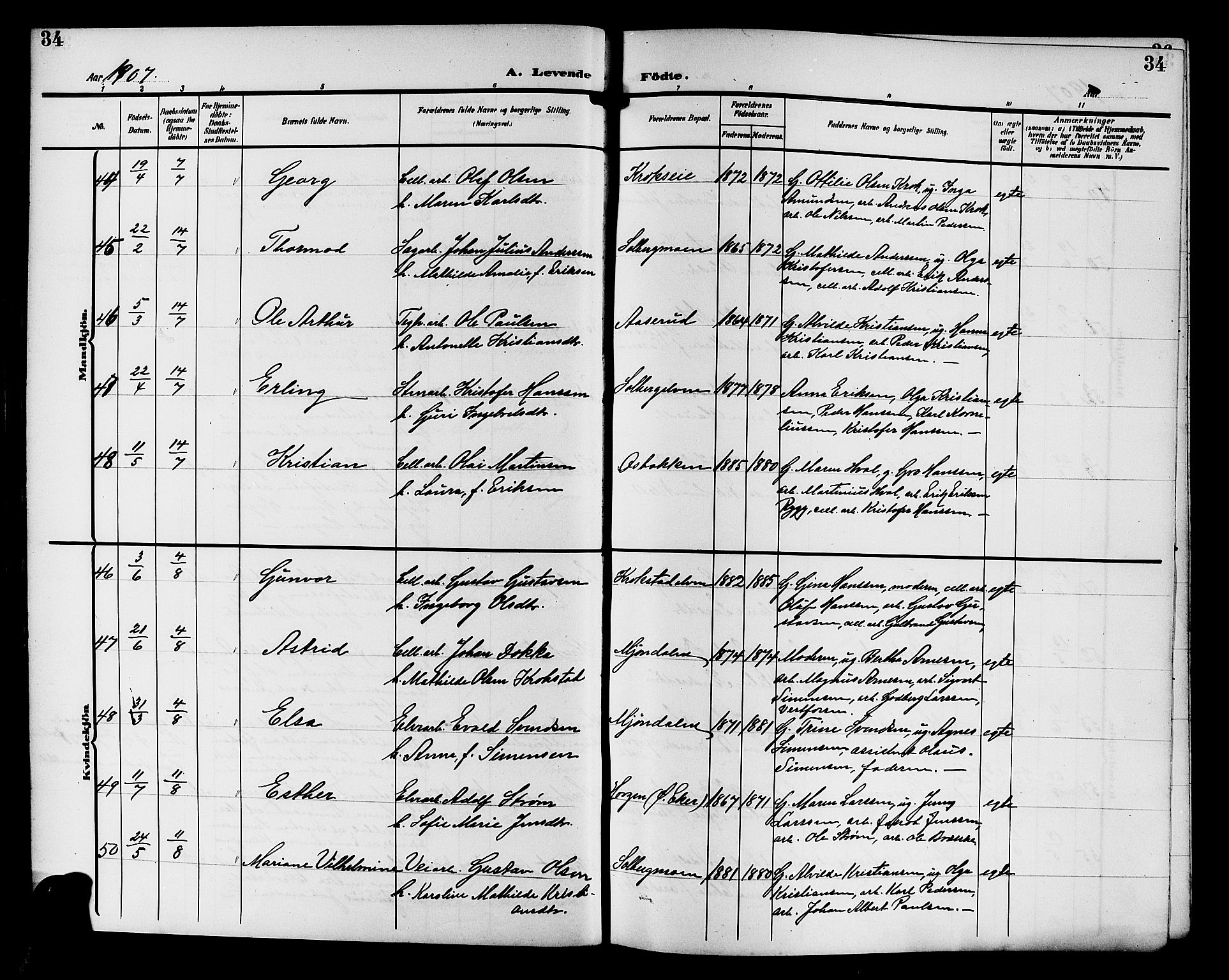 Nedre Eiker kirkebøker, AV/SAKO-A-612/G/Ga/L0004: Parish register (copy) no. 4, 1905-1912, p. 34
