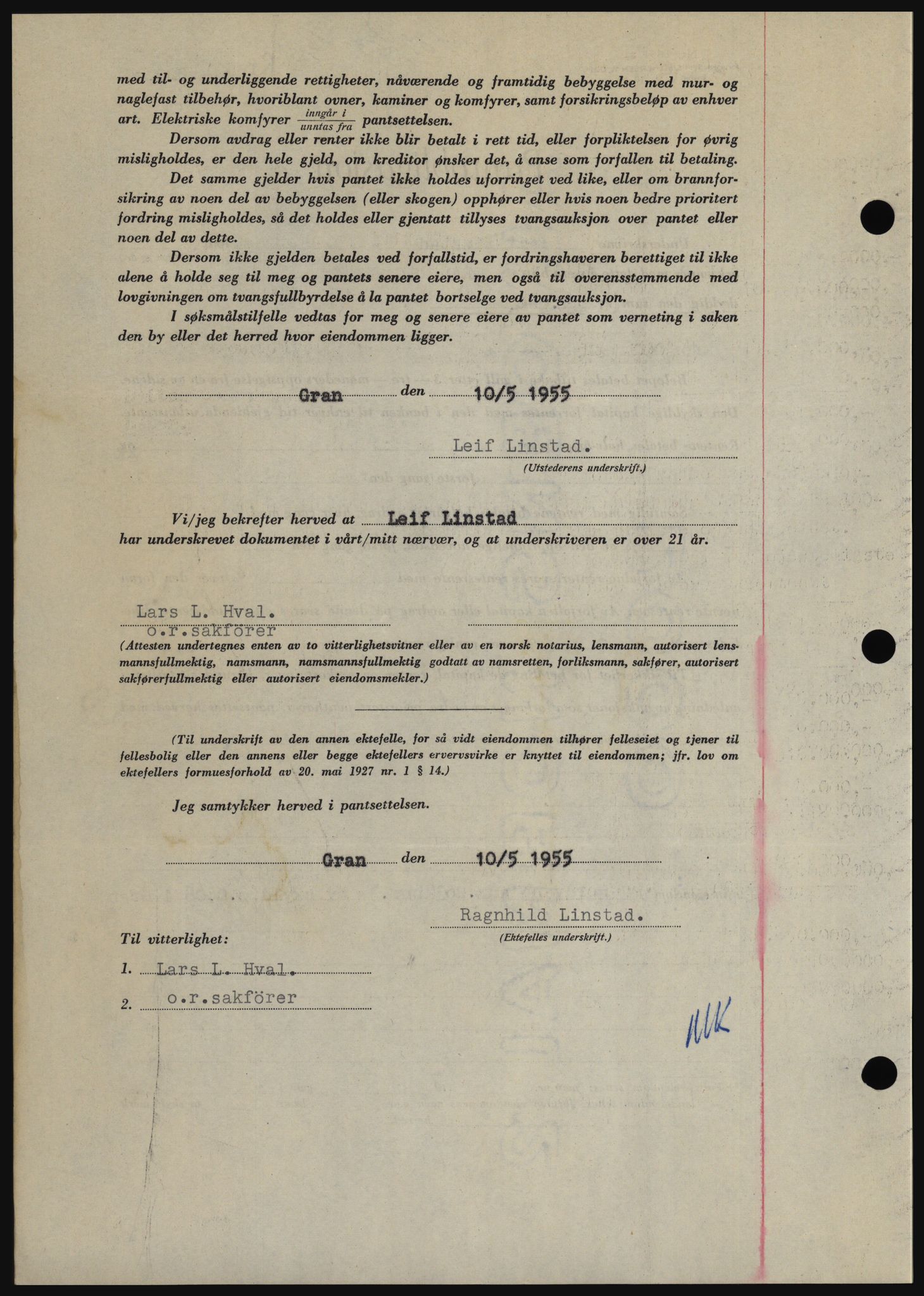 Hadeland og Land tingrett, SAH/TING-010/H/Hb/Hbc/L0032: Mortgage book no. B32, 1955-1955, Diary no: : 1439/1955