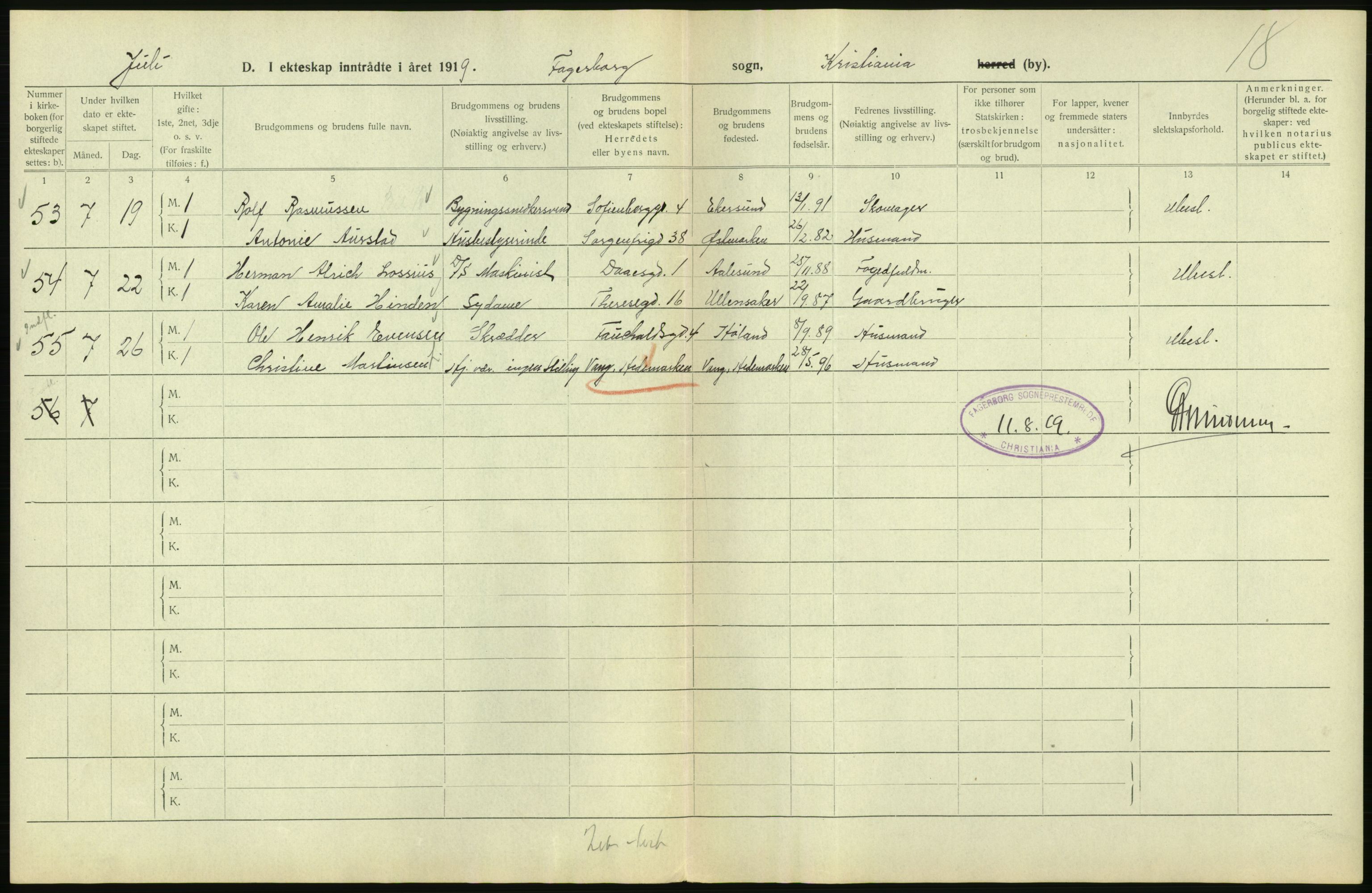 Statistisk sentralbyrå, Sosiodemografiske emner, Befolkning, AV/RA-S-2228/D/Df/Dfb/Dfbi/L0009: Kristiania: Gifte, 1919, p. 258