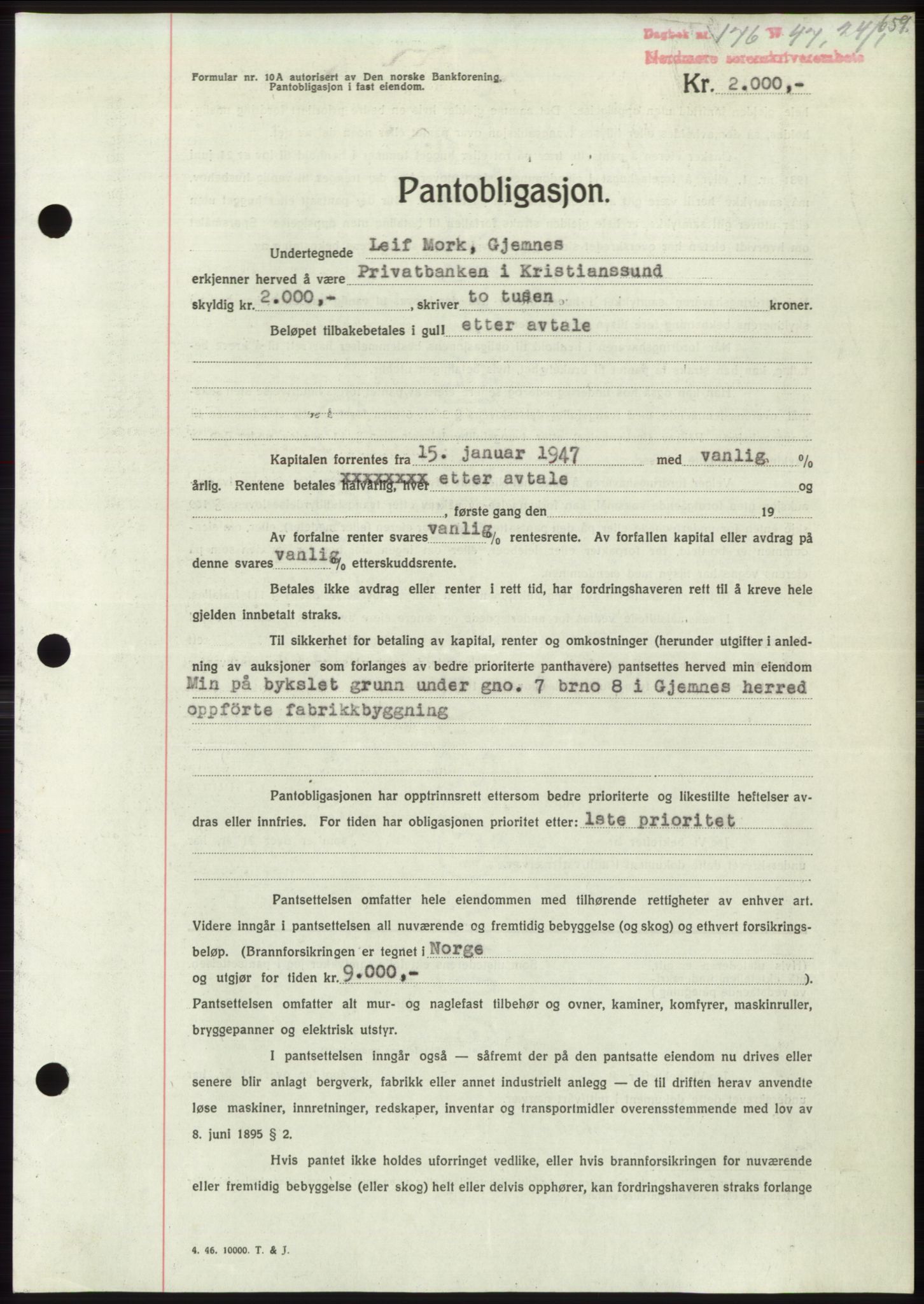 Nordmøre sorenskriveri, AV/SAT-A-4132/1/2/2Ca: Mortgage book no. B95, 1946-1947, Diary no: : 176/1947