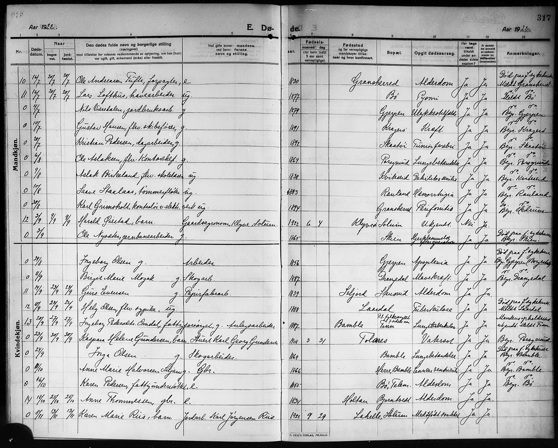 Solum kirkebøker, SAKO/A-306/G/Ga/L0009: Parish register (copy) no. I 9, 1909-1922, p. 317